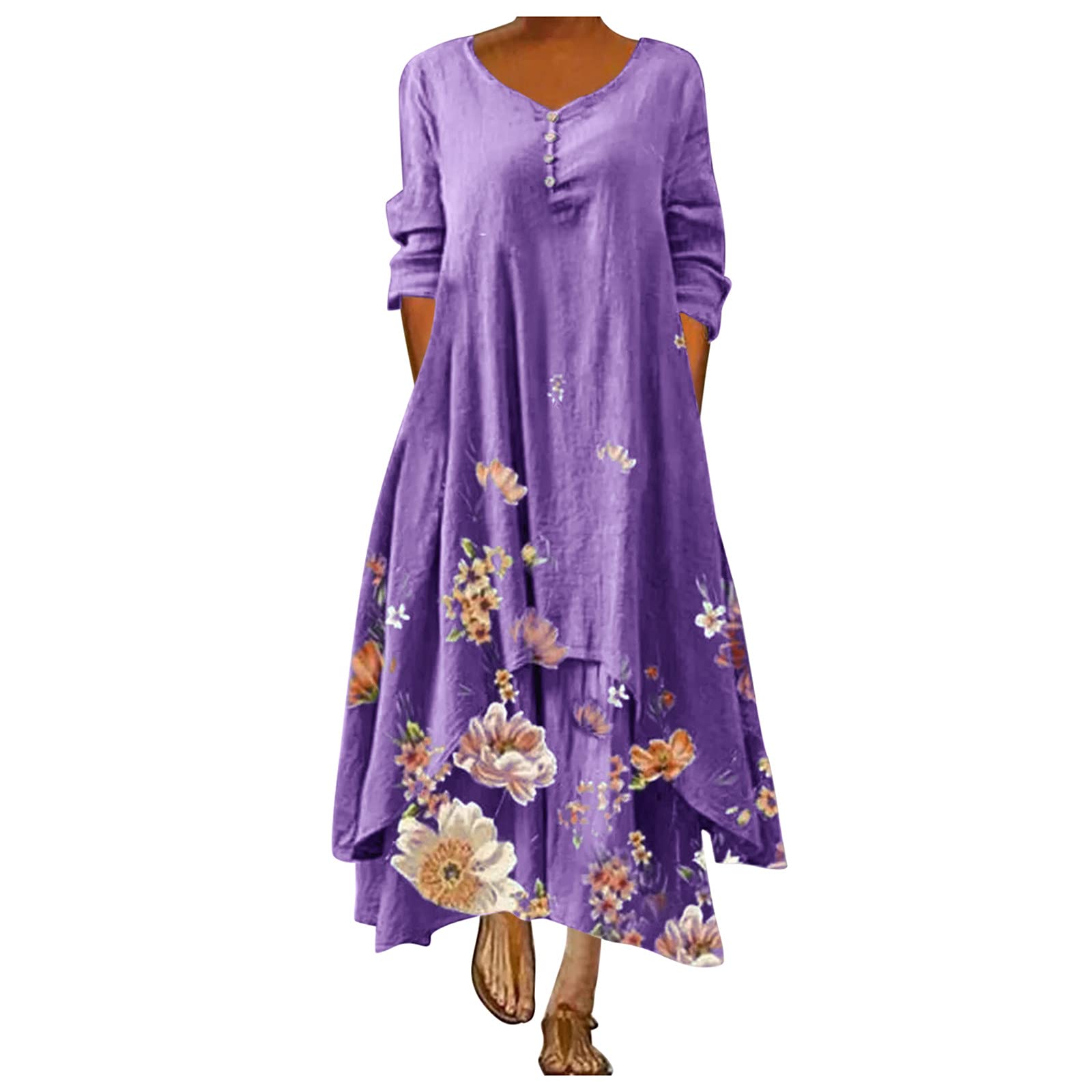 Anjikang Women's Cotton Linen Button-Down T-Shirt Dress - Casual Floral Print Crewneck Long Sleeve Maxi Dress for Spring Summer Outfits, Beach Cover Up & Boho Style Fashion