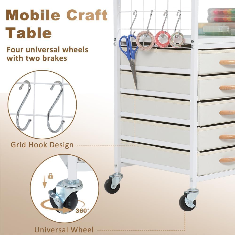 LUCKUP Craft Storage Rolling Cart for Cricut Machines - 28 Vinyl Roll Holders, 5 Drawers & Heat Press Stand - Mobile Craft Organization Cabinet with Hooks - Perfect for DIY Projects, Scrapbooking & Home Craft Room Organization