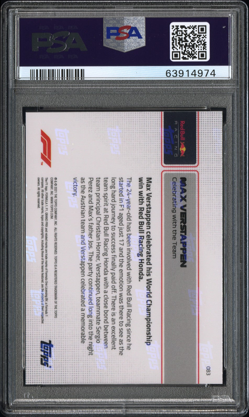 PSA 9 Graded 2021 Topps Now F1 Max Verstappen #83 Red Card - Perfect for F1 Collectors and Racing Fans Display