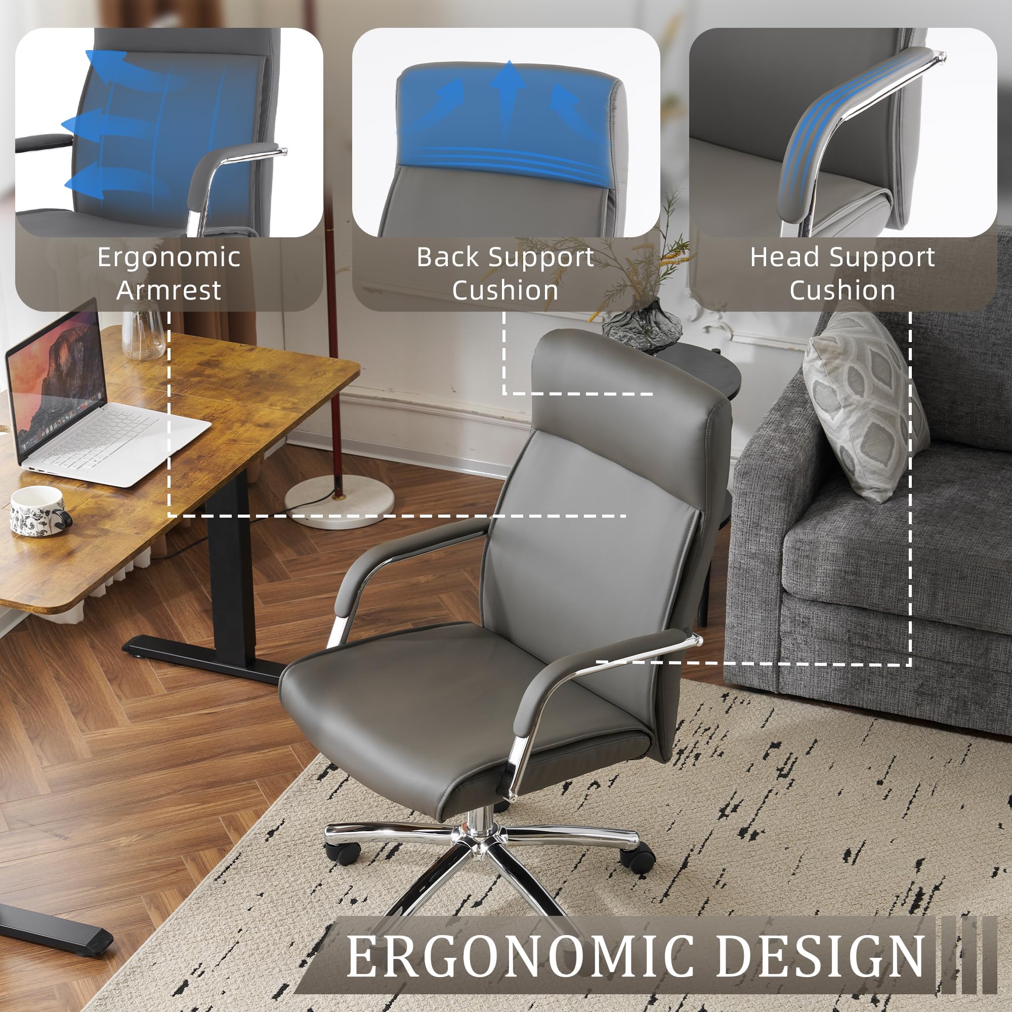 Ergonomic High Back Executive Office Chair with Adjustable Armrests & Lumbar Support - Faux Leather Managerial Desk Chair with Rocking Function (Grey) - Perfect for Home Office, Conference Rooms & Workspaces