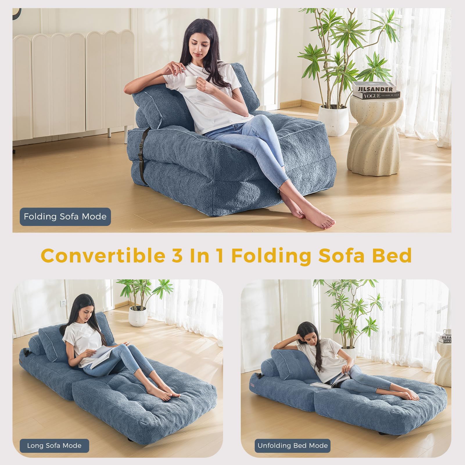 MAXYOYO Fuzzy Sofa Bed - Convertible Sleeper Chair with Pillow in Dusty Blue | Comfortable Foldable Couch for Small Spaces, Guest Room & Apartment Living