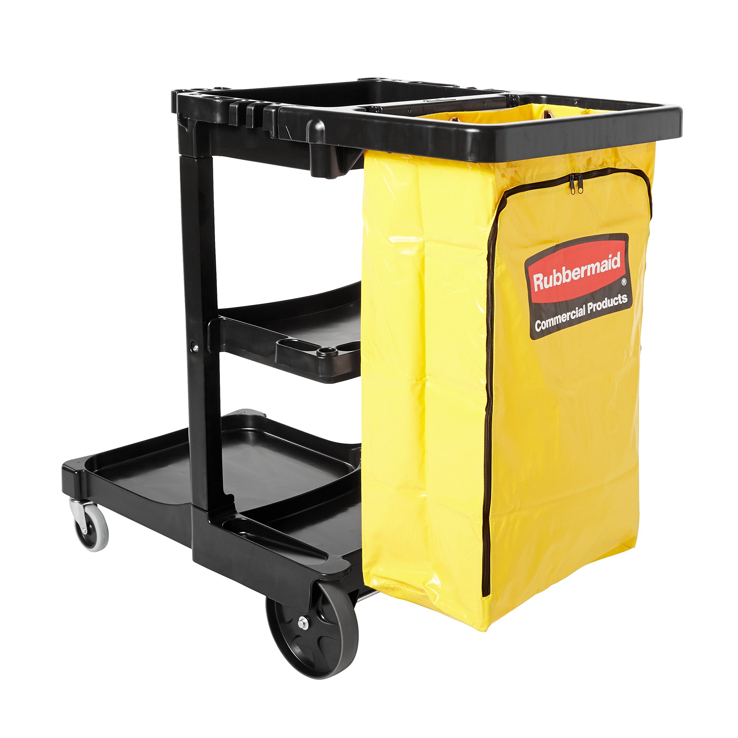 Rubbermaid Commercial 3-Shelf Cleaning Cart with Wheels & Zippered Yellow Vinyl Bag - Heavy Duty Janitorial Cart for Office, School, Business - Ideal for Mopping, Dusting & Organizing Cleaning Supplies