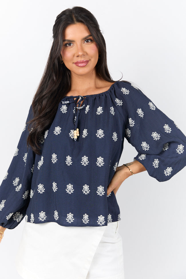 Navy Blue Embroidered Woven Popover Blouse for Women - Elegant Casual & Office Wear - Perfect for Work, Dates & Special Occasions