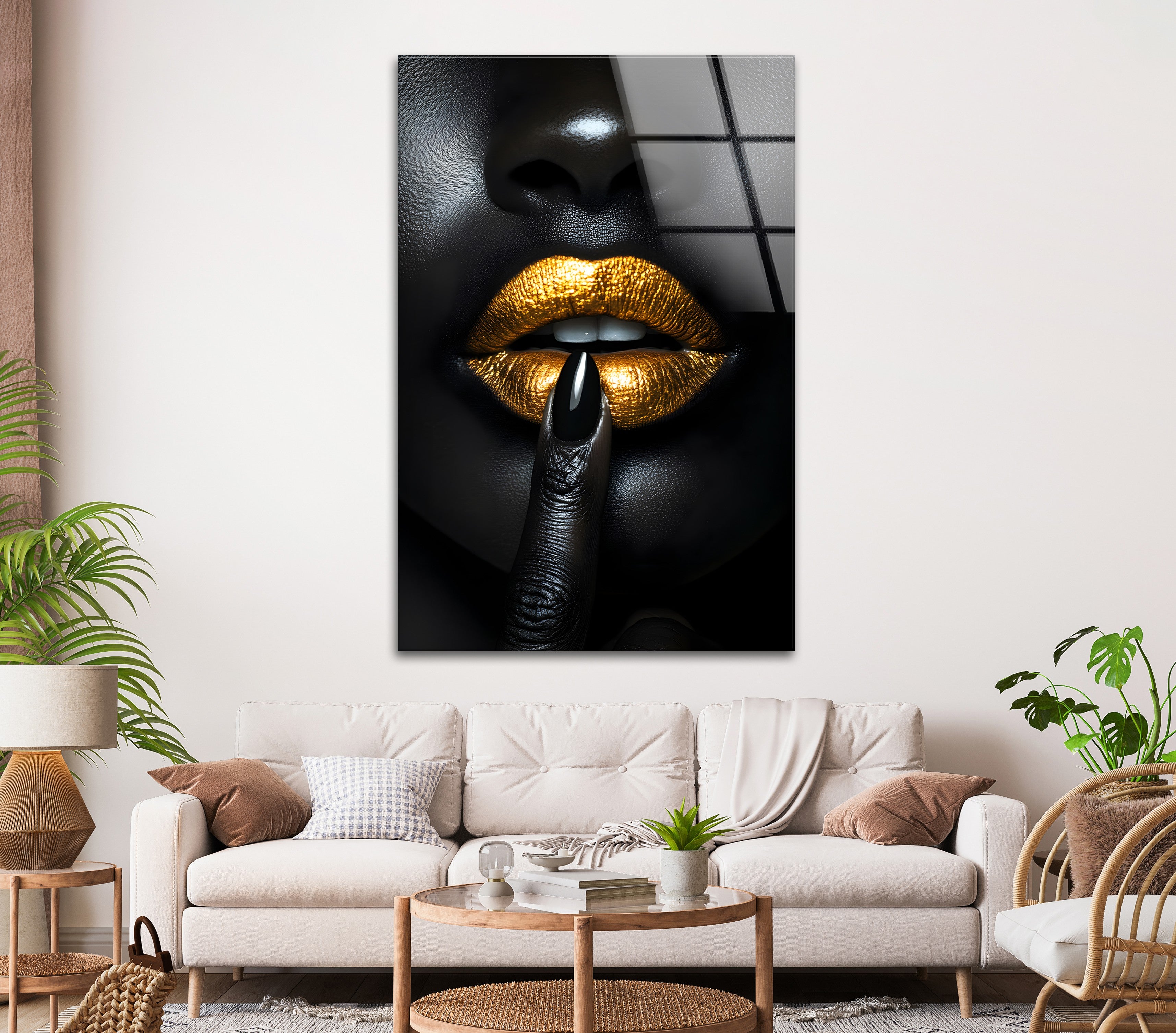 Black and Gold Lips Wall Art - Bold & Striking Glass Wall Decor for Living Room, Bedroom & Office | Modern Home Decor & Unique Gift Idea