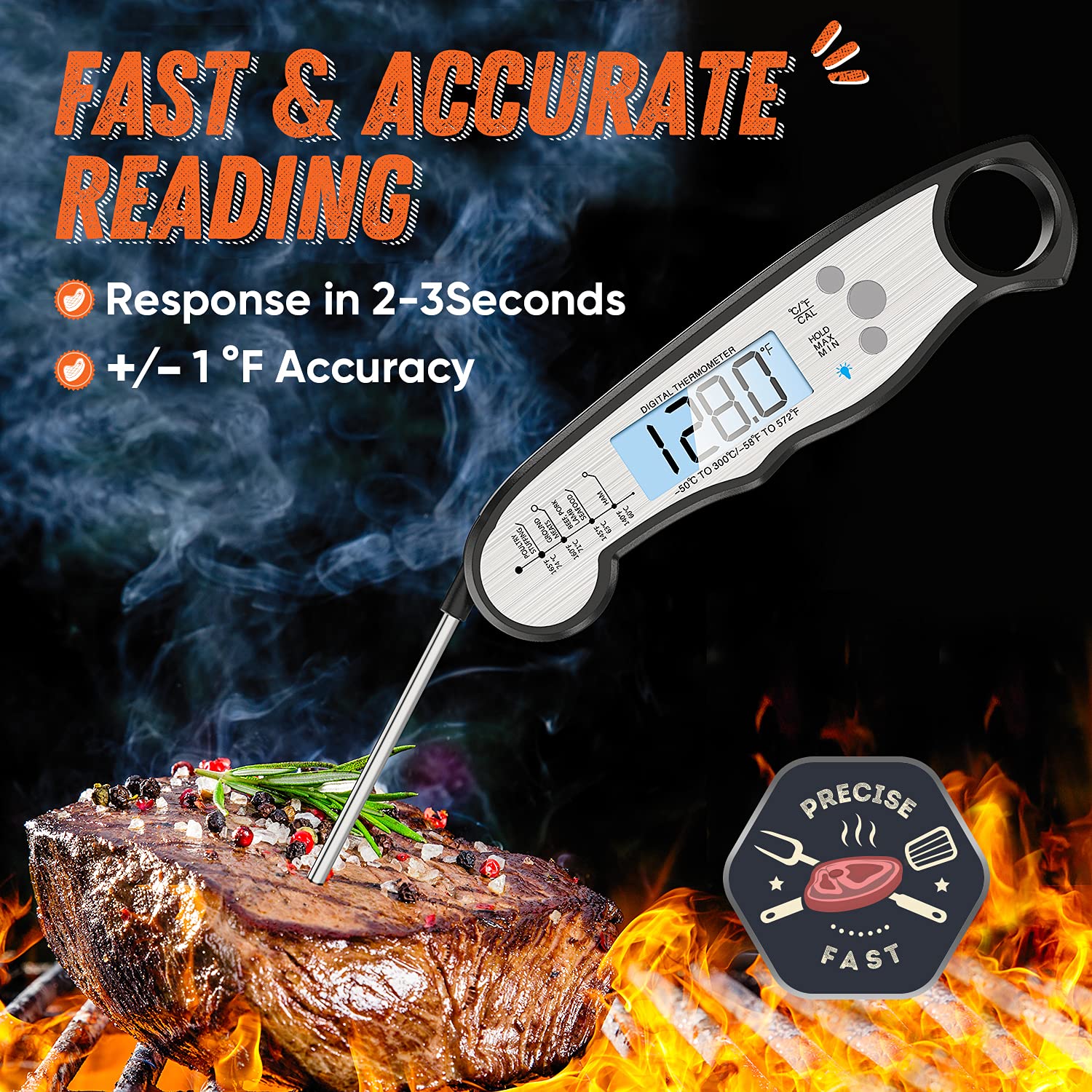 Digital Meat Thermometer - Waterproof Instant Read Food Thermometer for Cooking, Grilling & BBQ | Kitchen Gadget with Backlight & Calibration | Perfect for Candy Making, Liquids, Beef, Turkey (Ideal for Home Chefs, Outdoor Cooking & Professional Kitchens)