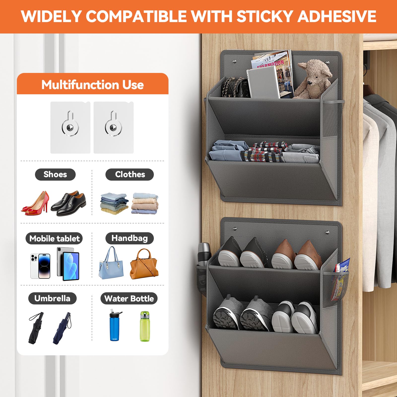 2 Pack RV Shoe Organizer with Sticky Adhesive Tape - Over The Door Hanging Shoe Storage with Deep Pockets for Campers, Space Saving Wall Mount Closet Organizer (Grey) - Perfect for RVs, Trailers, Tiny Homes & Small Closets
