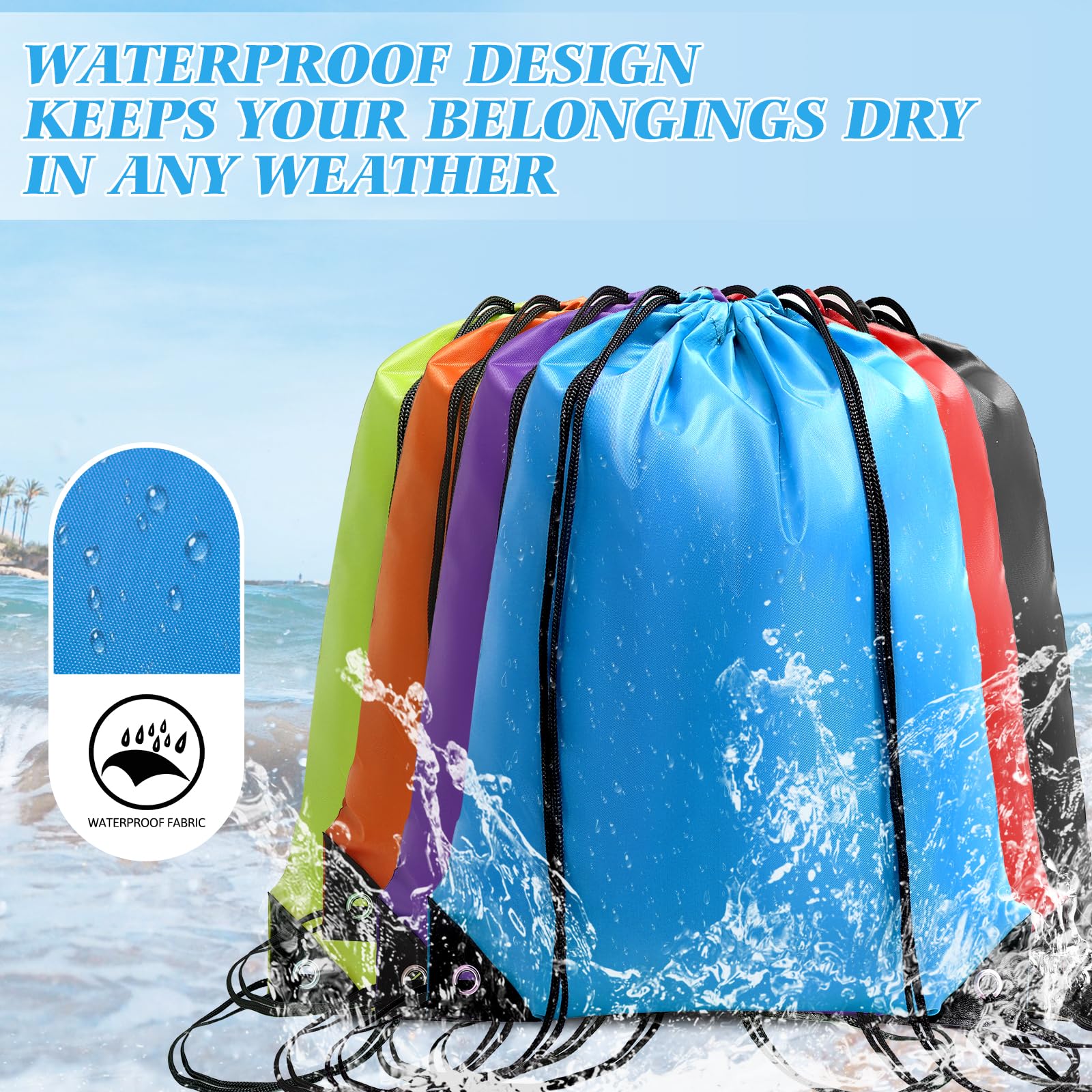 6 Pack Waterproof Drawstring Backpacks - Lightweight Sports String Bags for Gym, Running, Hiking & Travel - Bulk Sports Sack for Men Women Kids