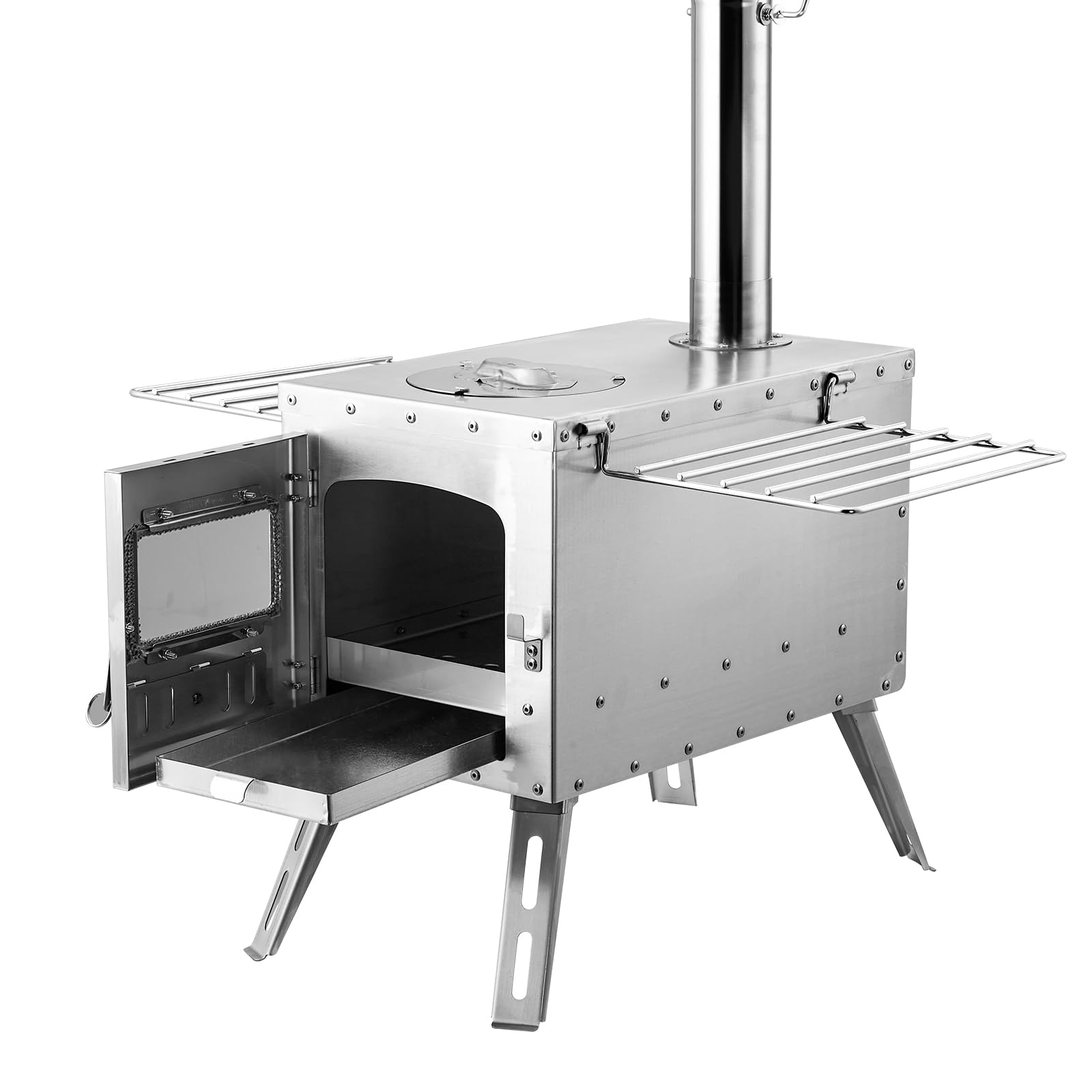 VEVOR Portable Stainless Steel Wood Burning Stove for Camping - 1646in³ Firebox with Chimney Pipes & Heat Resistant Gloves - Outdoor Tent Stove for Cooking, Heating, Survival & Bushcraft - Perfect for Hot Tents, Cabins, Hunting Trips & Emergency Preparedness