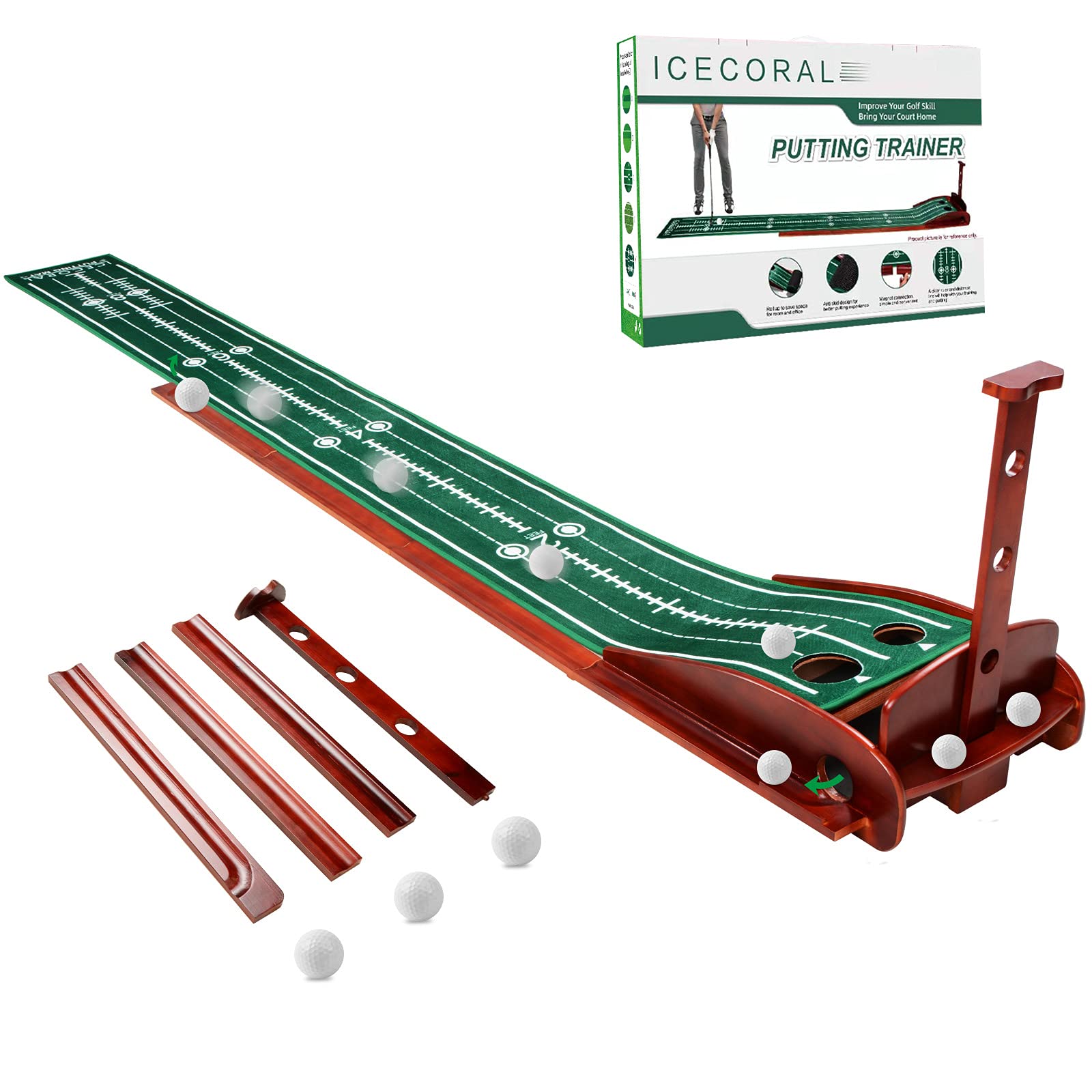 ICECORAL Auto Ball Return Putting Green Mat with Solid Wood Base - Indoor Golf Practice Mat for Home, Office & Backyard - Perfect Golf Training Equipment & Gift for Men & Women - Improve Your Short Game Anywhere