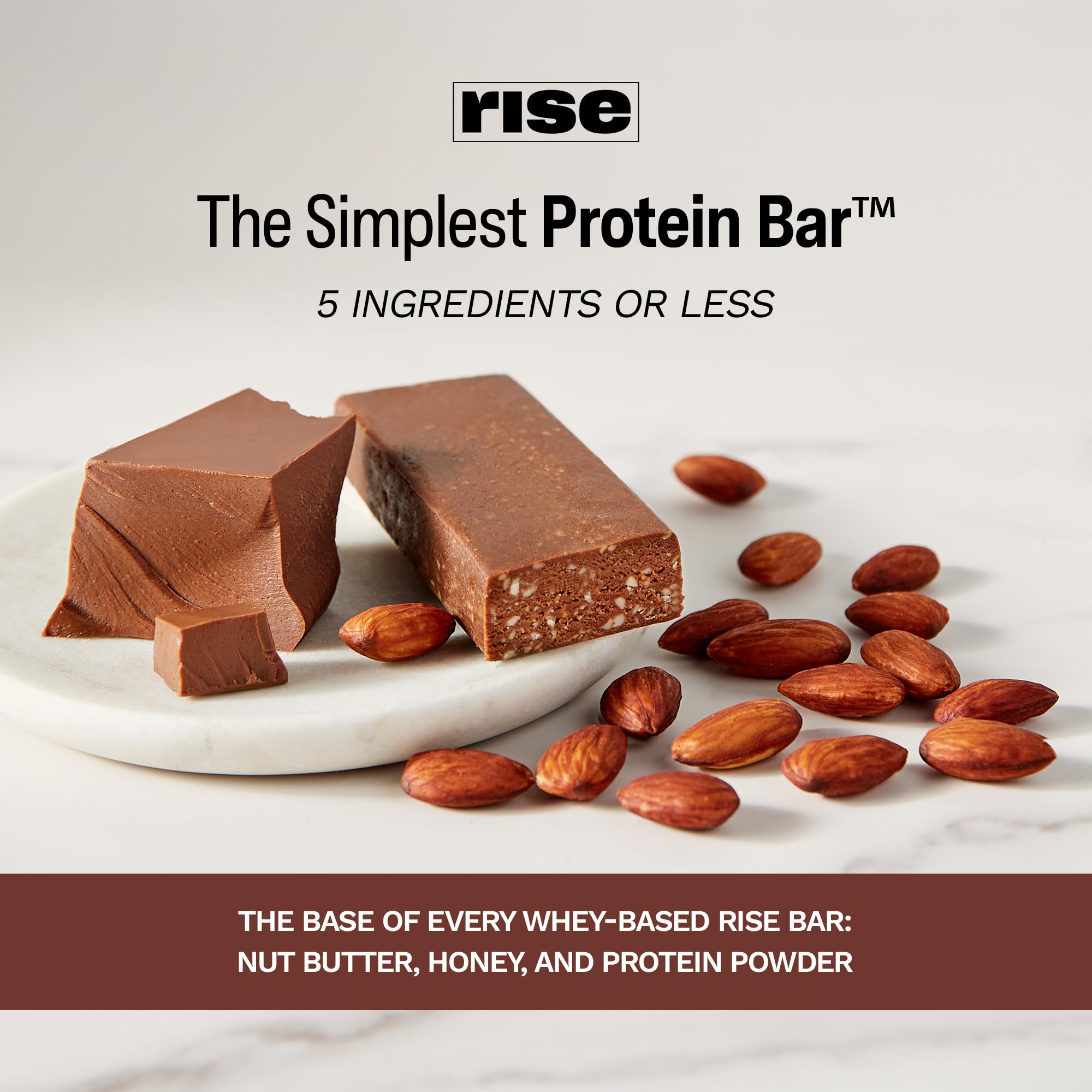 Rise Whey Protein Bars - Chocolate Almond Flavor | High Protein Snack with 15g Protein & 5g Fiber, Gluten-Free, Soy-Free, 4 Whole Food Ingredients | Perfect for Breakfast, Post-Workout & On-the-Go Nutrition