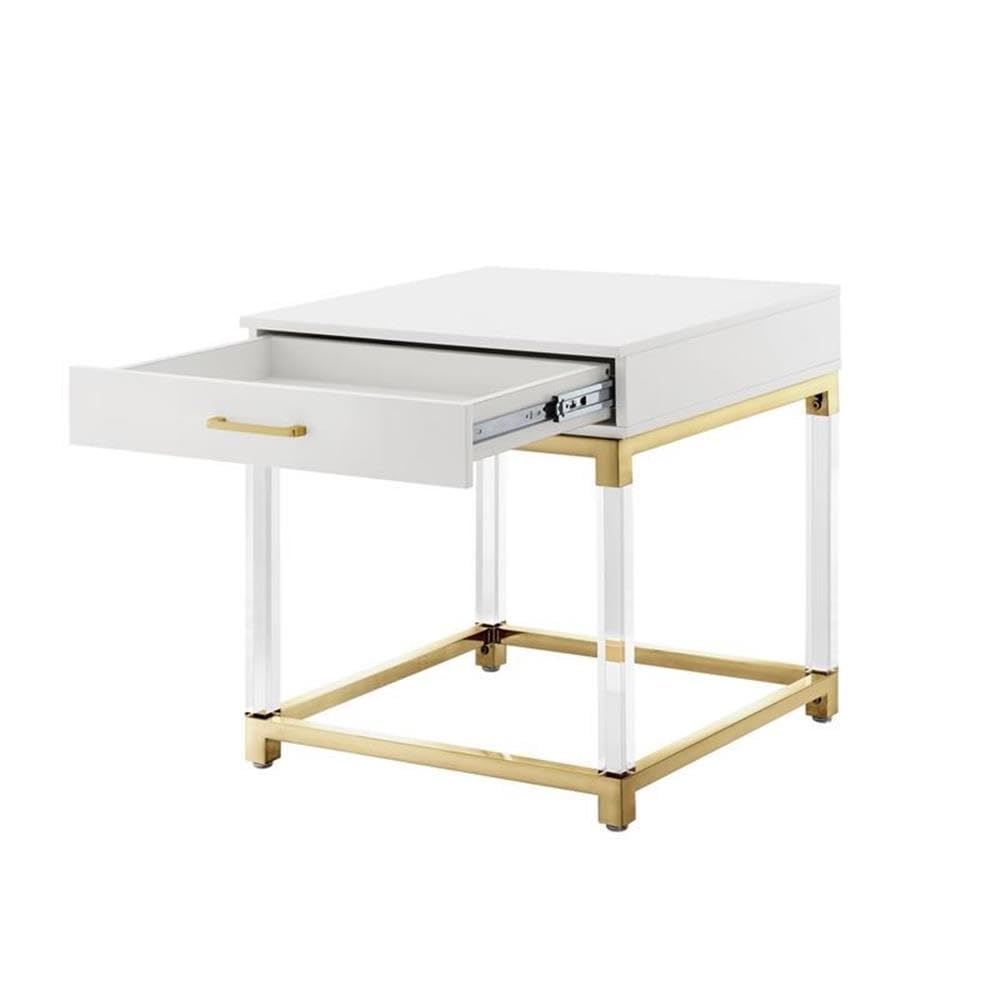 Briar 1-Drawer Metal End Table with Acrylic Legs in White & Gold - Modern Nightstand, Living Room Side Table, Bedroom Accent Table for Small Spaces