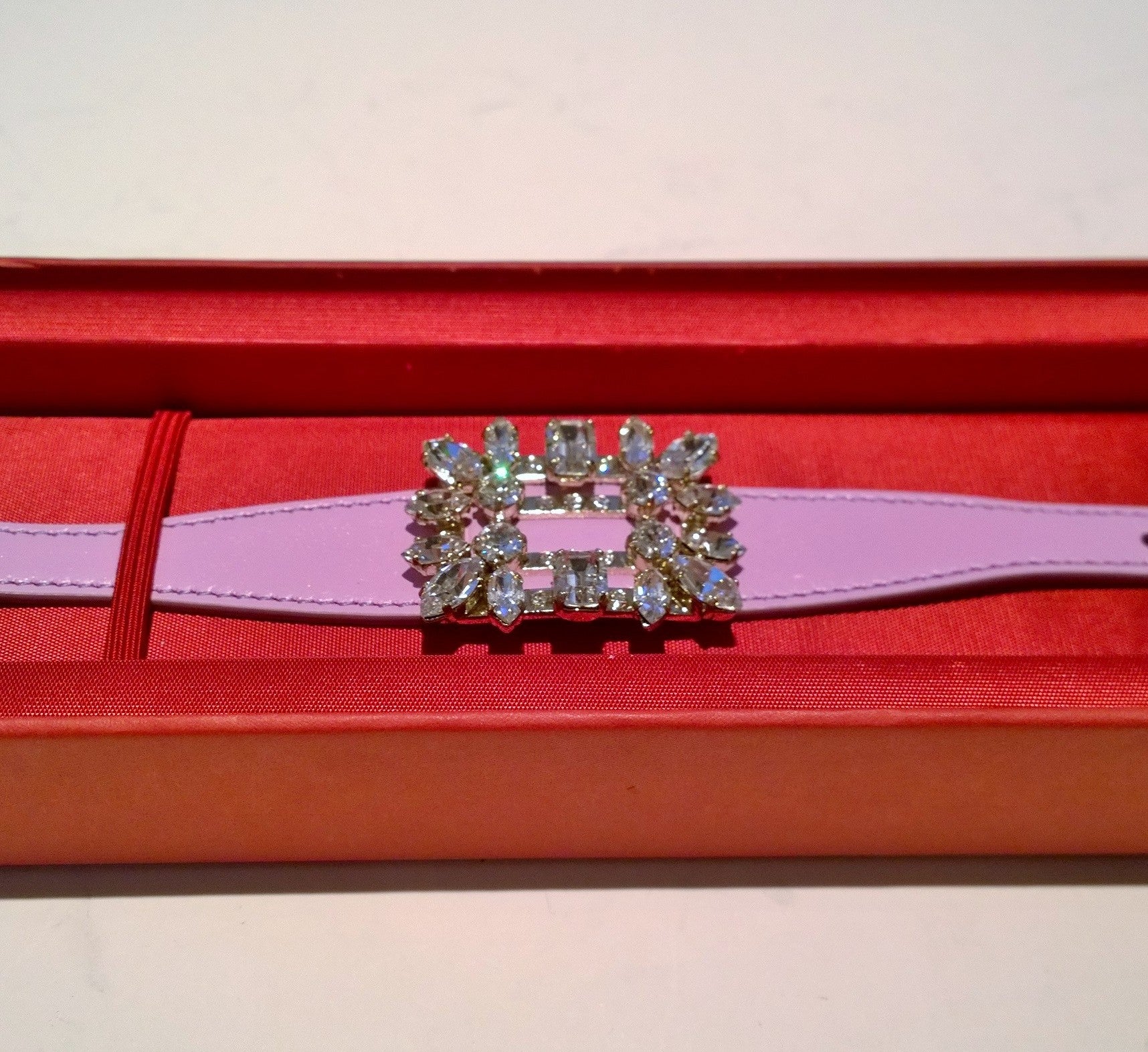 Roger Vivier Lilac Leather Rhinestone Buckle Bracelet for Women - Elegant Pink Crystal Jewelry for Parties, Weddings & Special Occasions