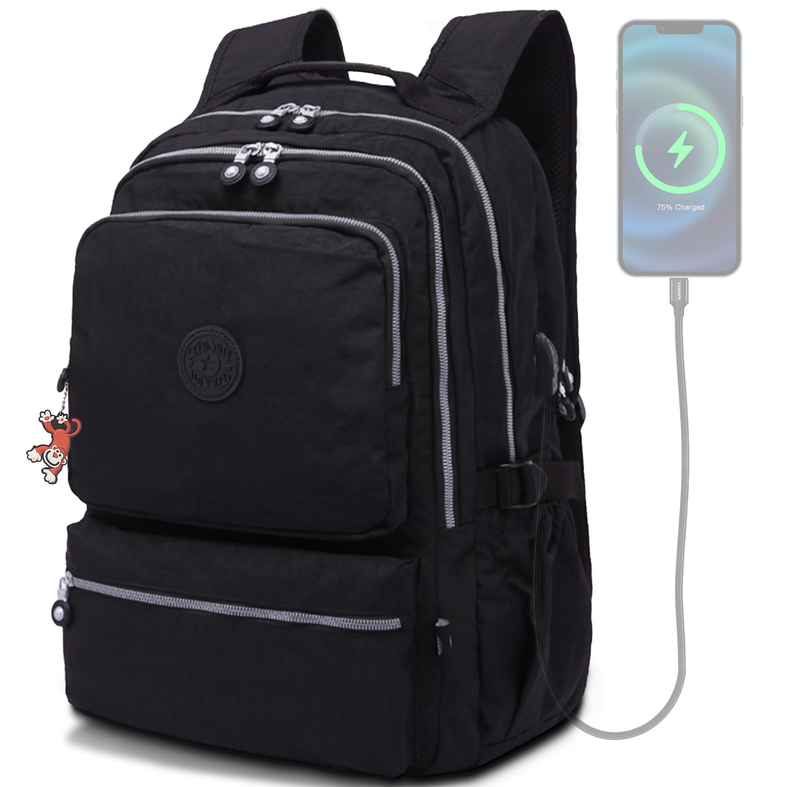 Multi-Function Black Nylon Backpack for College, School & Travel - Laptop Backpack for Men & Women with USB Charging Port - Perfect for Work, Business, Hiking & Daily Use