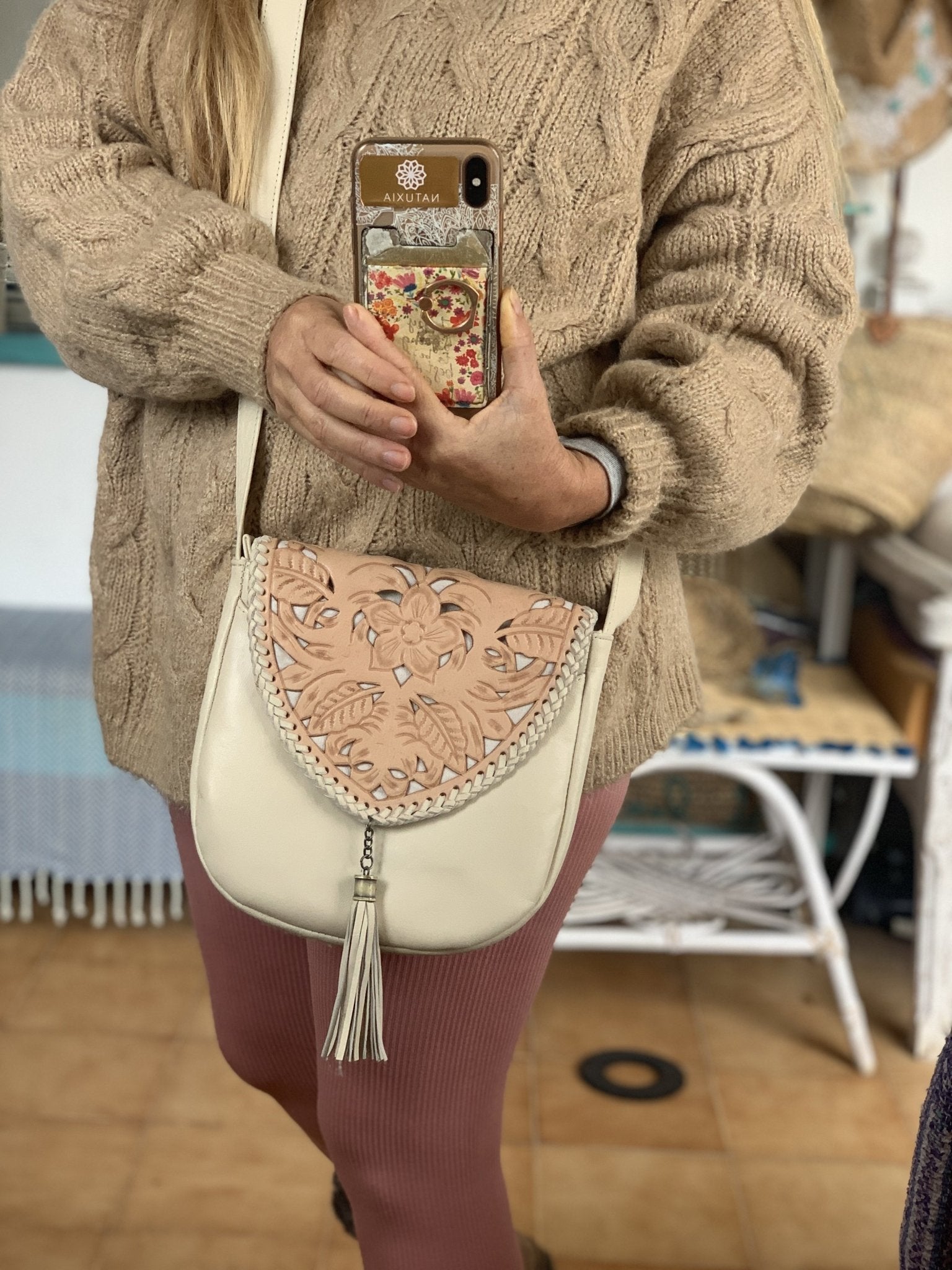 Hand Carved Boho Leather Shoulder Bag - Ibiza Style in Neutral Colors | Perfect for Beach, Travel & Everyday Use