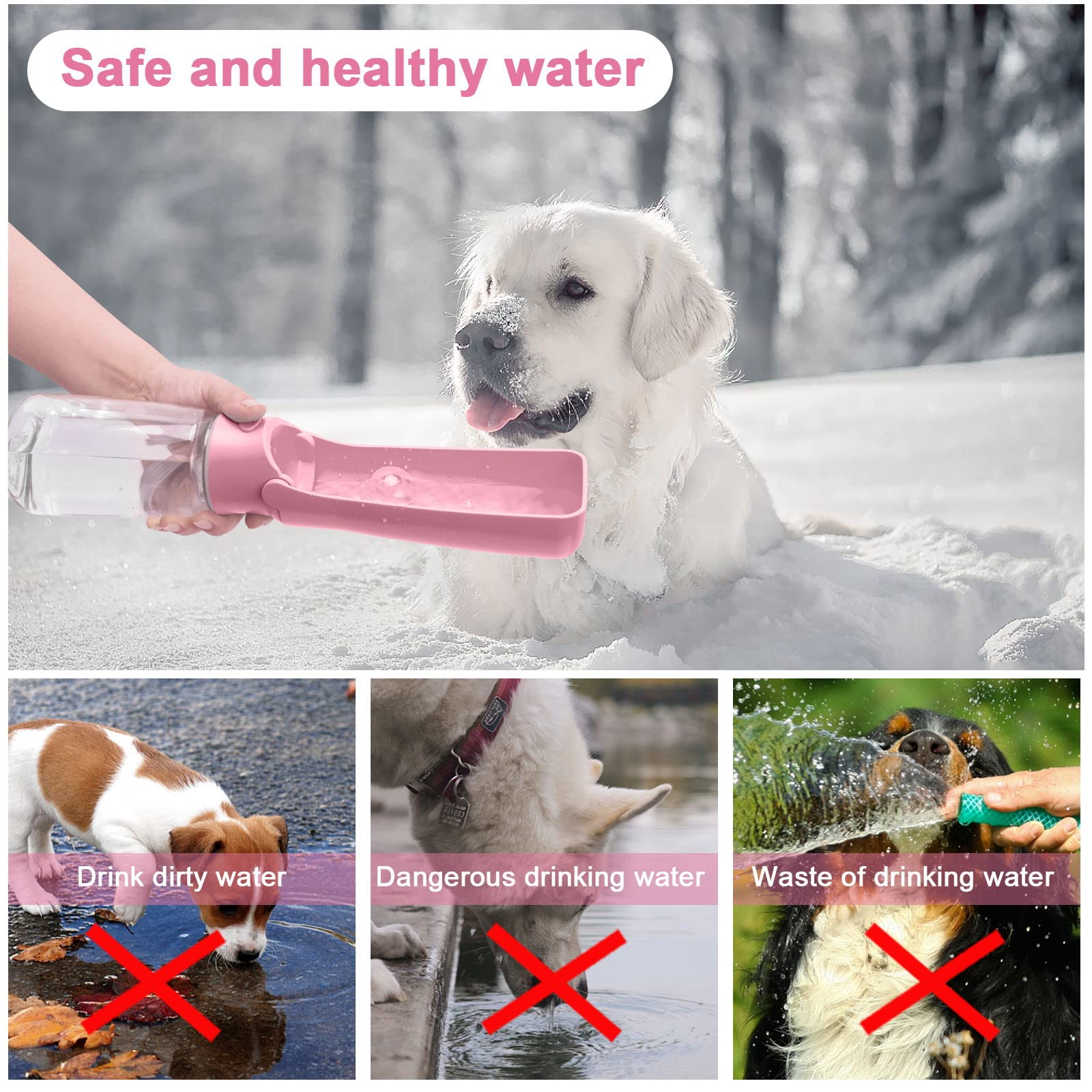 Foldable 19oz Portable Dog Water Bottle - Leak Proof & Food Grade Plastic Pet Water Dispenser for Dogs & Cats | Outdoor Walking, Hiking, Travel Accessories (Pink) | Perfect for Park Visits, Road Trips & Daily Adventures