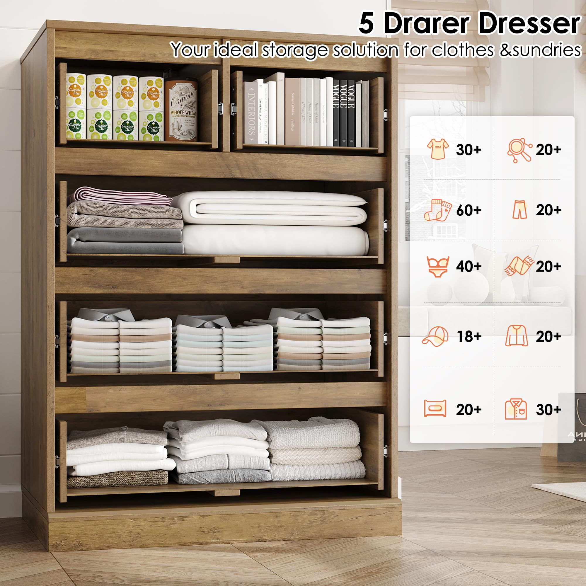HOSTACK Modern 5-Drawer Wooden Dresser with Storage - Rustic Brown Chest of Drawers for Bedroom, Living Room, Entryway & Hallway - Space-Saving Storage Cabinet with Cut-Out Handles for Clothes, Linens & Home Organization