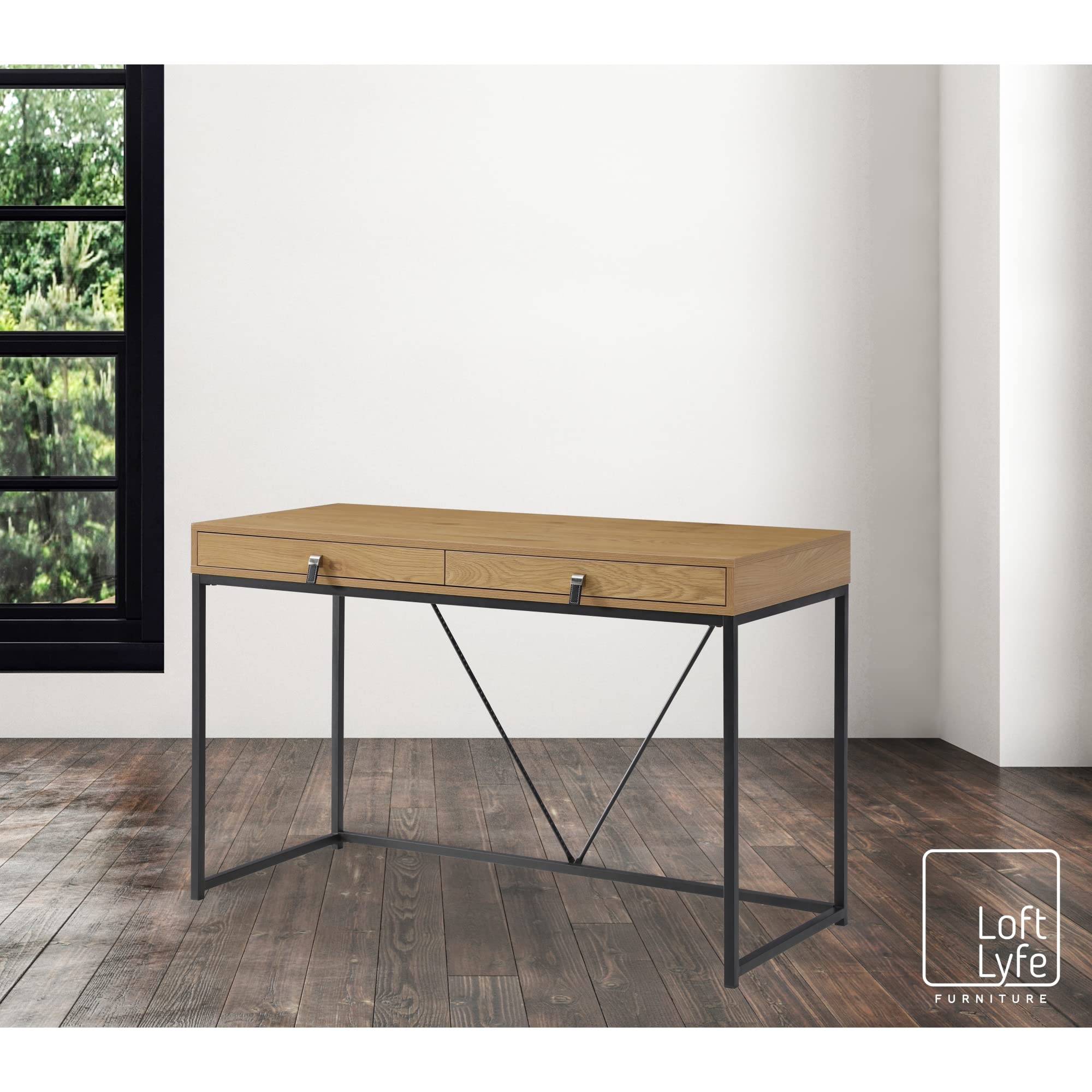 Scarlette Writing Desk with 2 Storage Drawers & Leather Handles - Natural/Black Finish | Home Office Furniture for Small Spaces, Study Desk for Students & Remote Workers