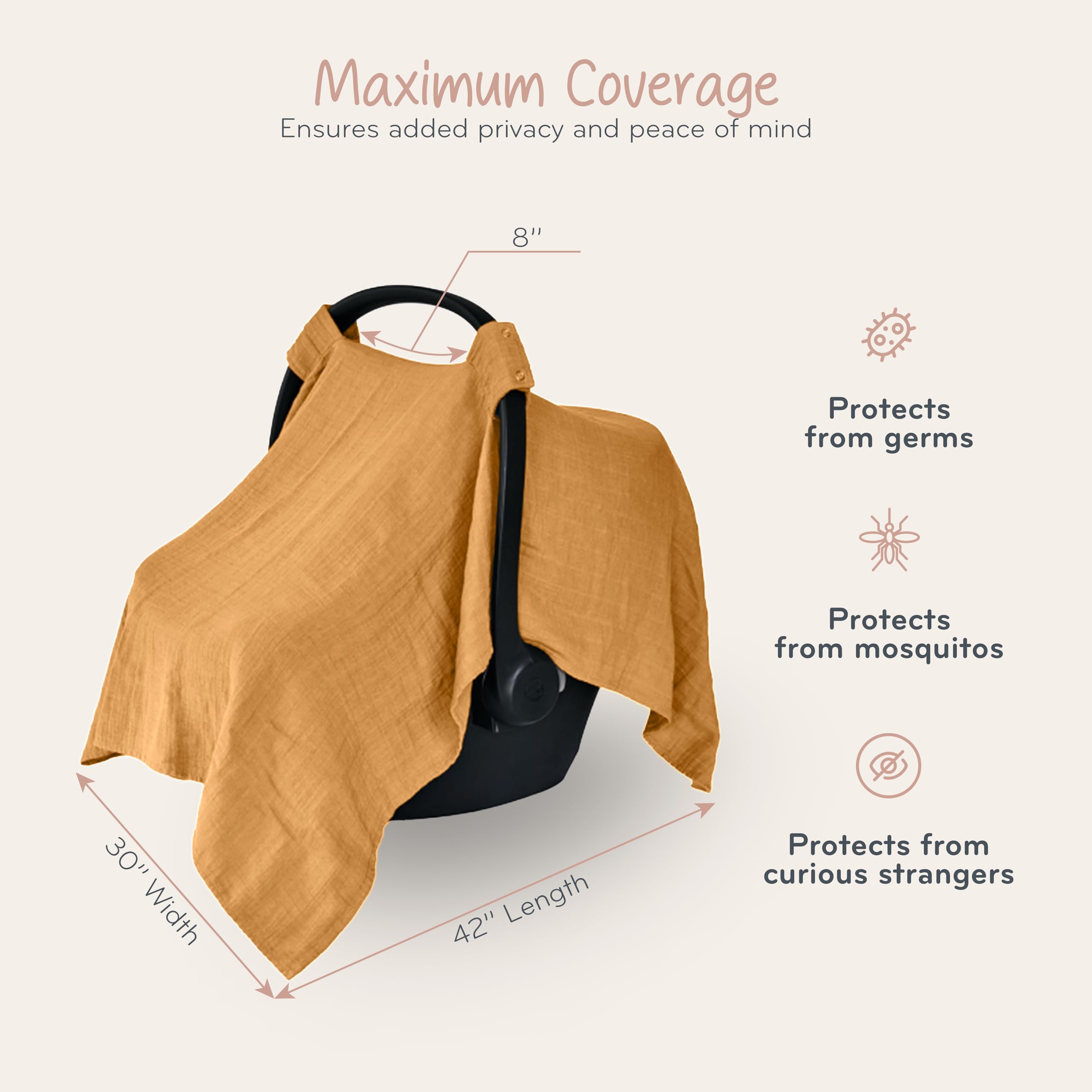 100% Organic Muslin Baby Car Seat Cover - Breathable & Soft Car Seat Canopy for Boys & Girls, Autumn Yellow - Perfect for Strollers, Shopping & Outdoor Protection