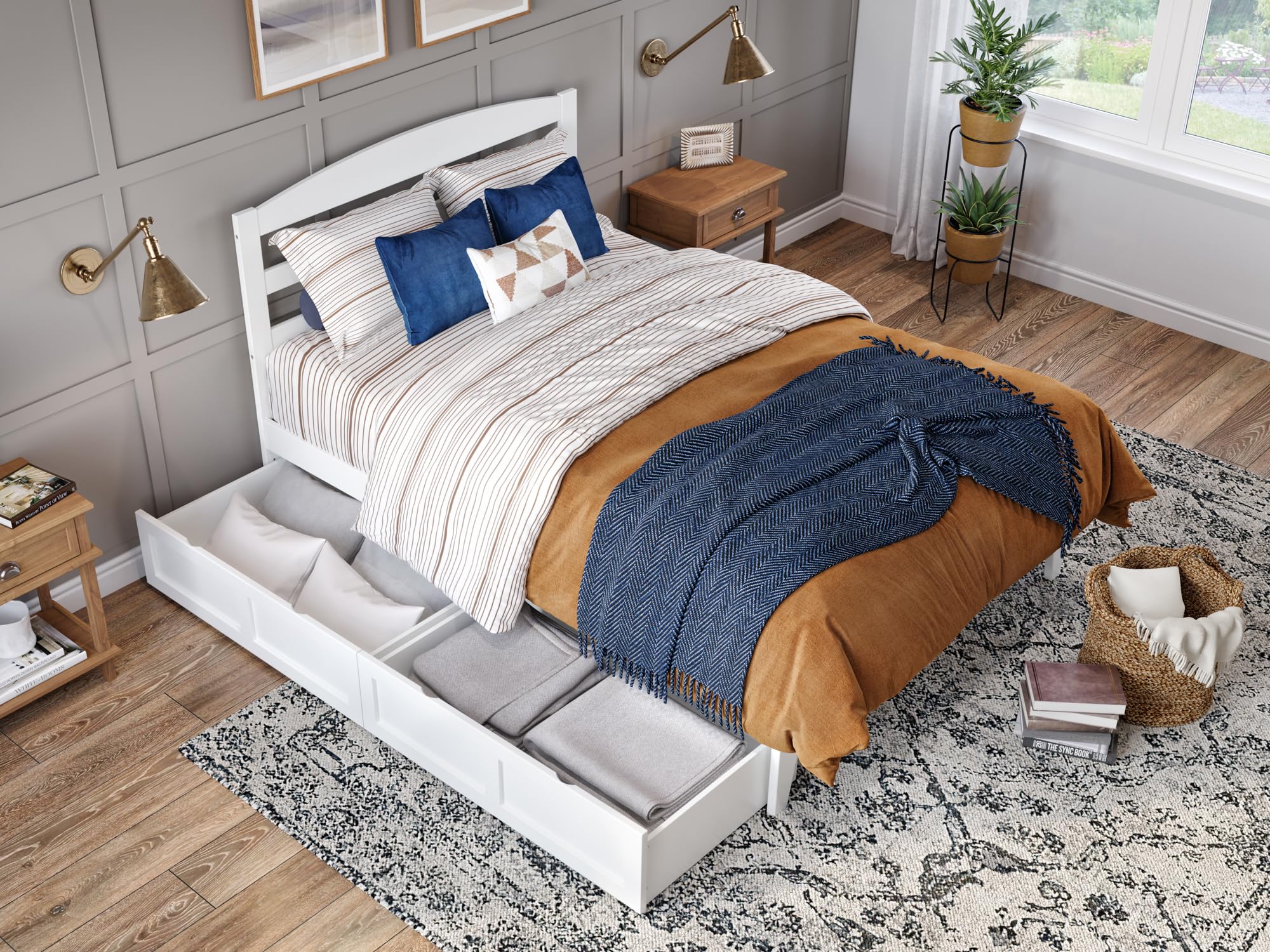 AFI Warren Full Size Platform Bed Frame with Storage Drawers (Set of 2) & Built-in USB Charging Ports - White Modern Bedroom Furniture for Small Spaces & Studio Apartments