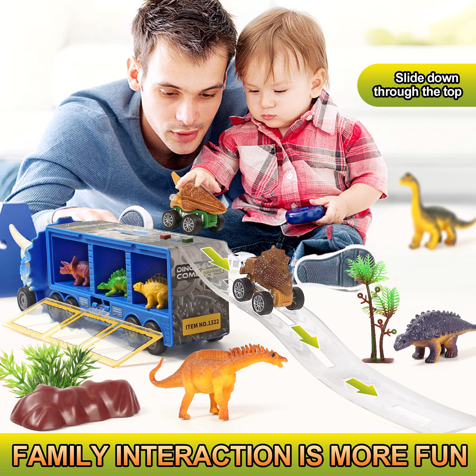 Dinosaur Toy Trucks for Kids - 28 Pack Pull Back Dinosaur Cars with Flashing Lights, Music & Roaring Sounds, Includes Car Launcher Track - Fun Educational Toys for Boys & Girls Ages 3-8 (Blue) | Perfect for Birthday Gifts, Pretend Play & Dinosaur-Themed Parties