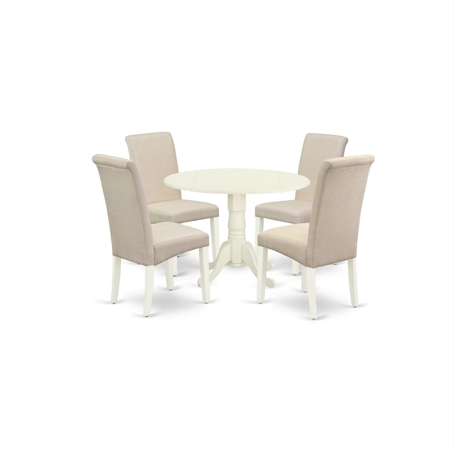 East West Furniture DLBA5-WHI-01 5-Piece Round Dining Table Set with Drop Leaf & 4 Cream Linen Fabric Chairs, 42x42 Inch, White - Perfect for Small Kitchens, Breakfast Nooks & Cozy Family Meals