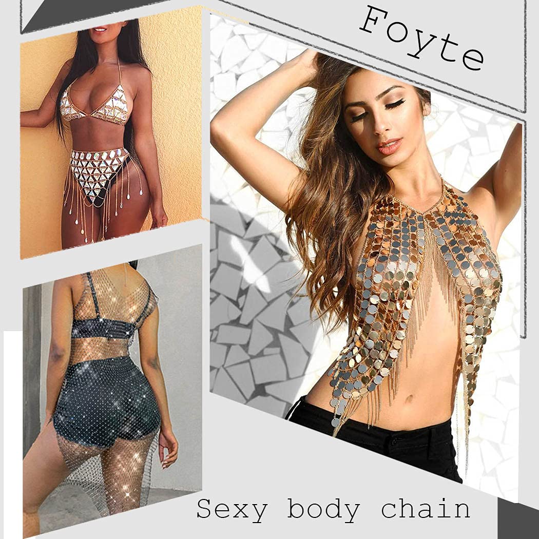 Boho Sequins Body Chain Bra Bikini Top - Shimmer Backless Halter Crop Top for Women | Beach Party, Music Festival, Poolside Accessory, Body Jewelry for Summer Vacations