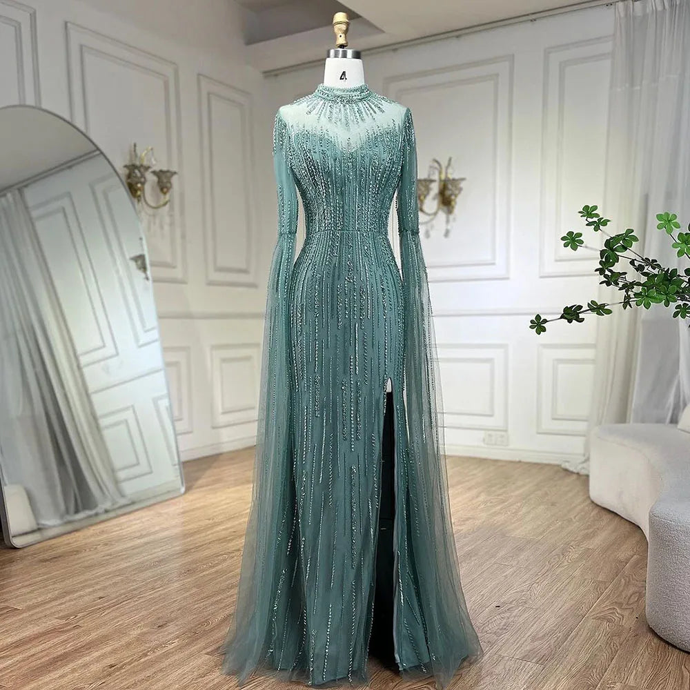 Elegant Arabic Turquoise Mermaid Evening Gown with Cape Sleeves & Beaded Split Design for Women - Perfect for Weddings, Parties & Special Occasions 2025 | LA72381