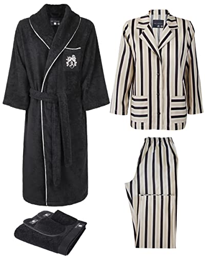 Armani International Women's Sateen Striped Pajama Set with Lounge Robe, Slippers & Hand Towel - Luxurious European Crafted Sleepwear for Comfortable Nights & Relaxing Evenings at Home