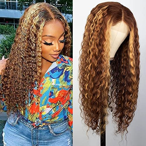 Honey Blonde Ombre Lace Front Wig - 14inch Water Wave Human Hair Wig with 180% Density for Black Women | Transparent Lace, Natural Curly Wavy Style | Perfect for Daily Wear, Parties & Special Occasions