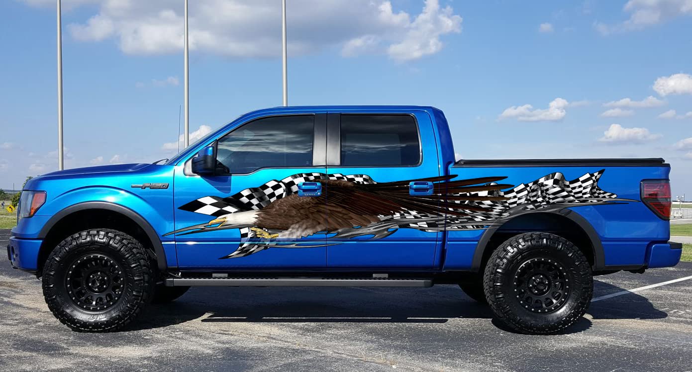 High-Quality Racing Flag Car Sticker - Tribal Checkered Flag & US Eagle Car Graphics - Bold Full Color Vinyl Decal (22x135) - Perfect for Car Enthusiasts, Racing Events & Vehicle Customization