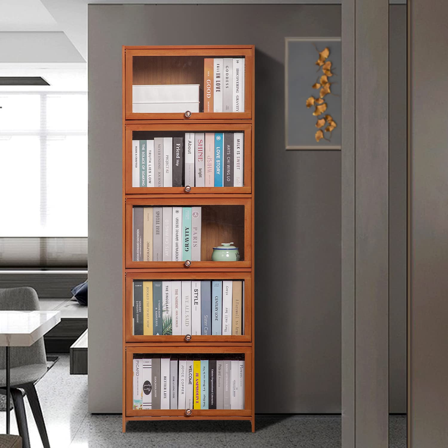 MoNiBloom 5-Tier Tall Narrow Bookcase with Clear Acrylic Doors - Space-Saving Free Standing Bookshelf for Living Room, Office & Bedroom Storage - Modern Brown Wooden Shelf Organizer for Books, Decor & Display