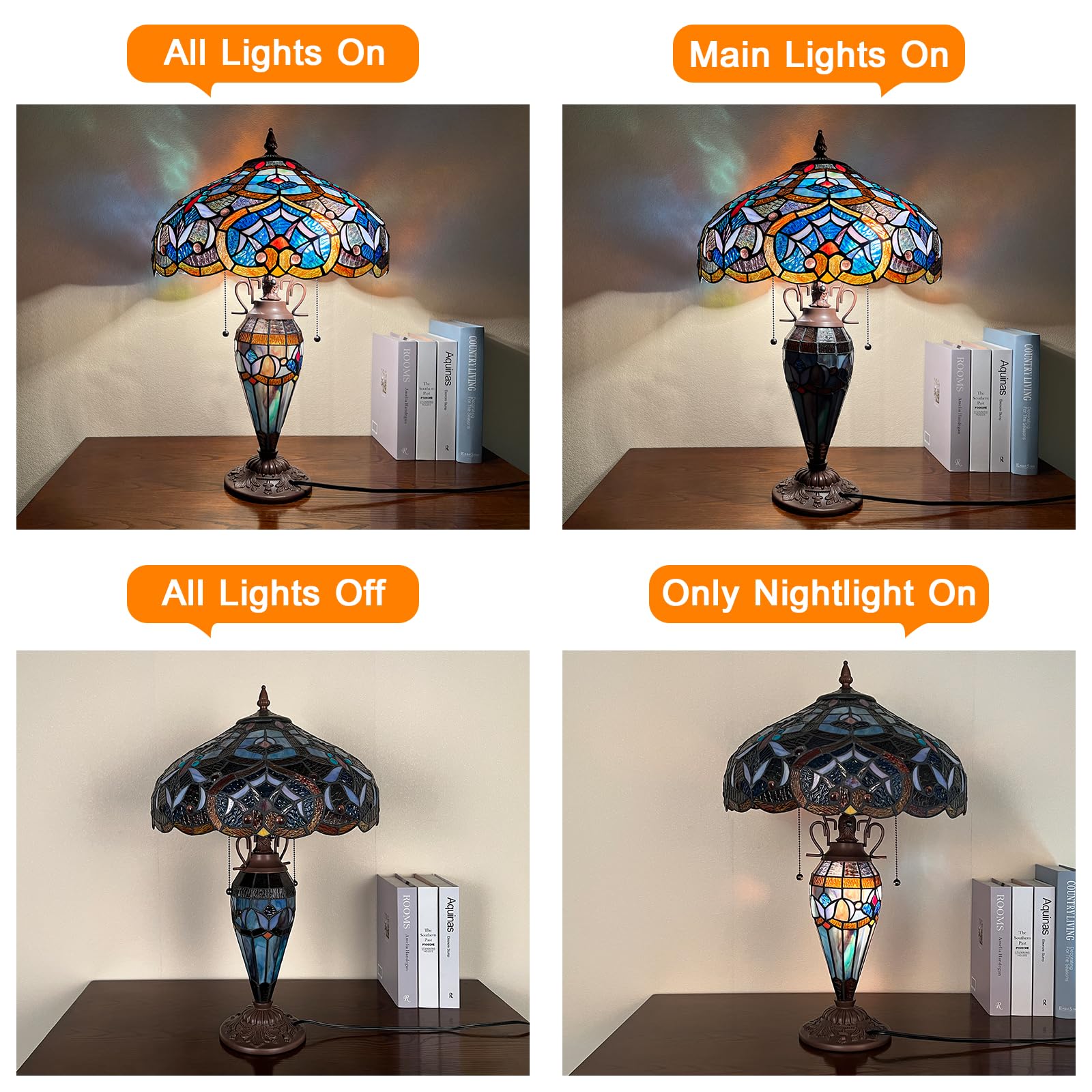 Tiffany Style Stained Glass Table Lamp - 16x16x24 Inches 3-Light Capulina Desk Lamp with Mother-Daughter Vase Flower Design for Home Office, Bedroom & Living Room - Perfect Reading Light & Decorative Accent