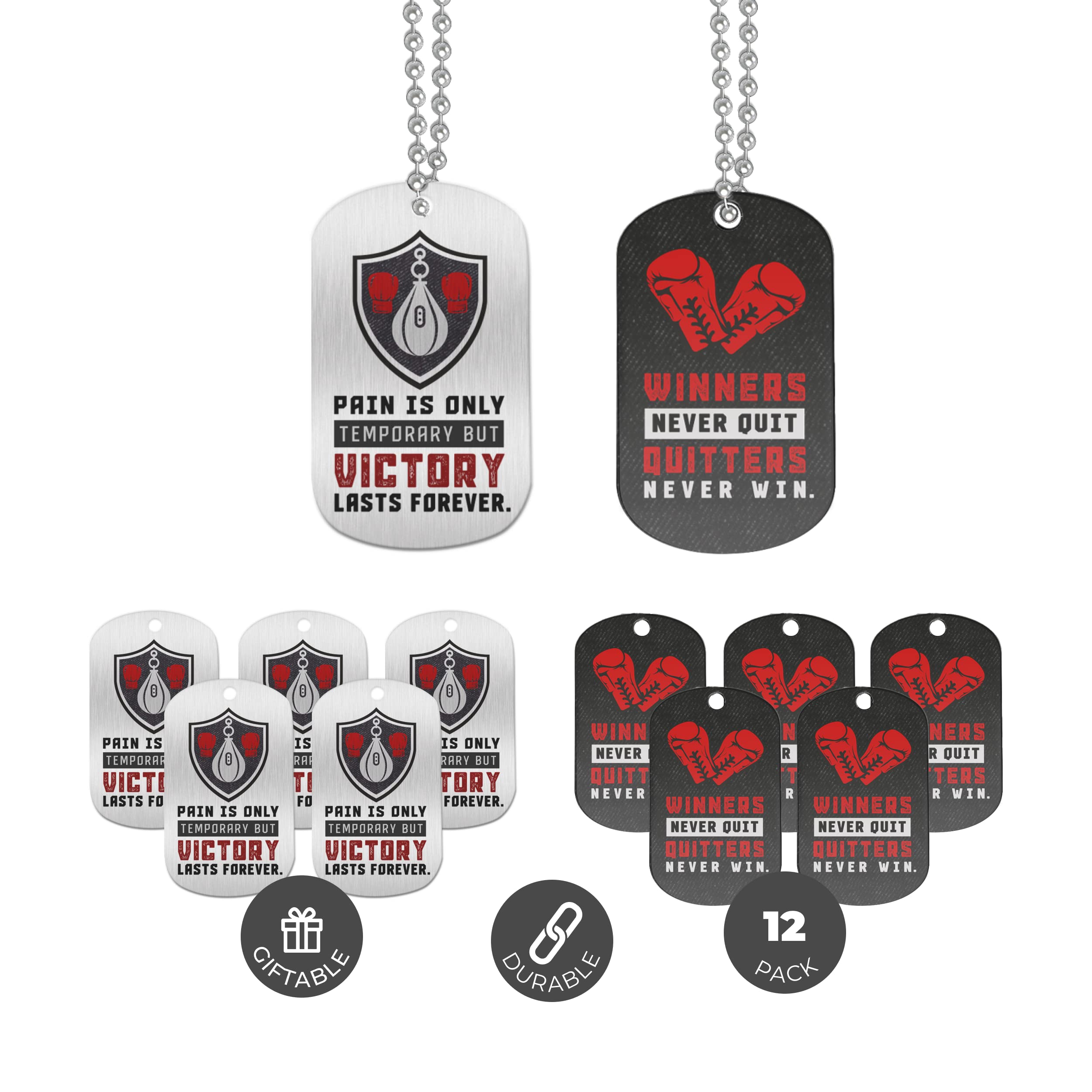 Inkstone Boxing Dog Tag Necklaces - 12 Pack Motivational Sayings for Boxing & Kickboxing | Inspirational Gifts for Students, Teams & Fans | Perfect for Training, Competitions & Sports Events