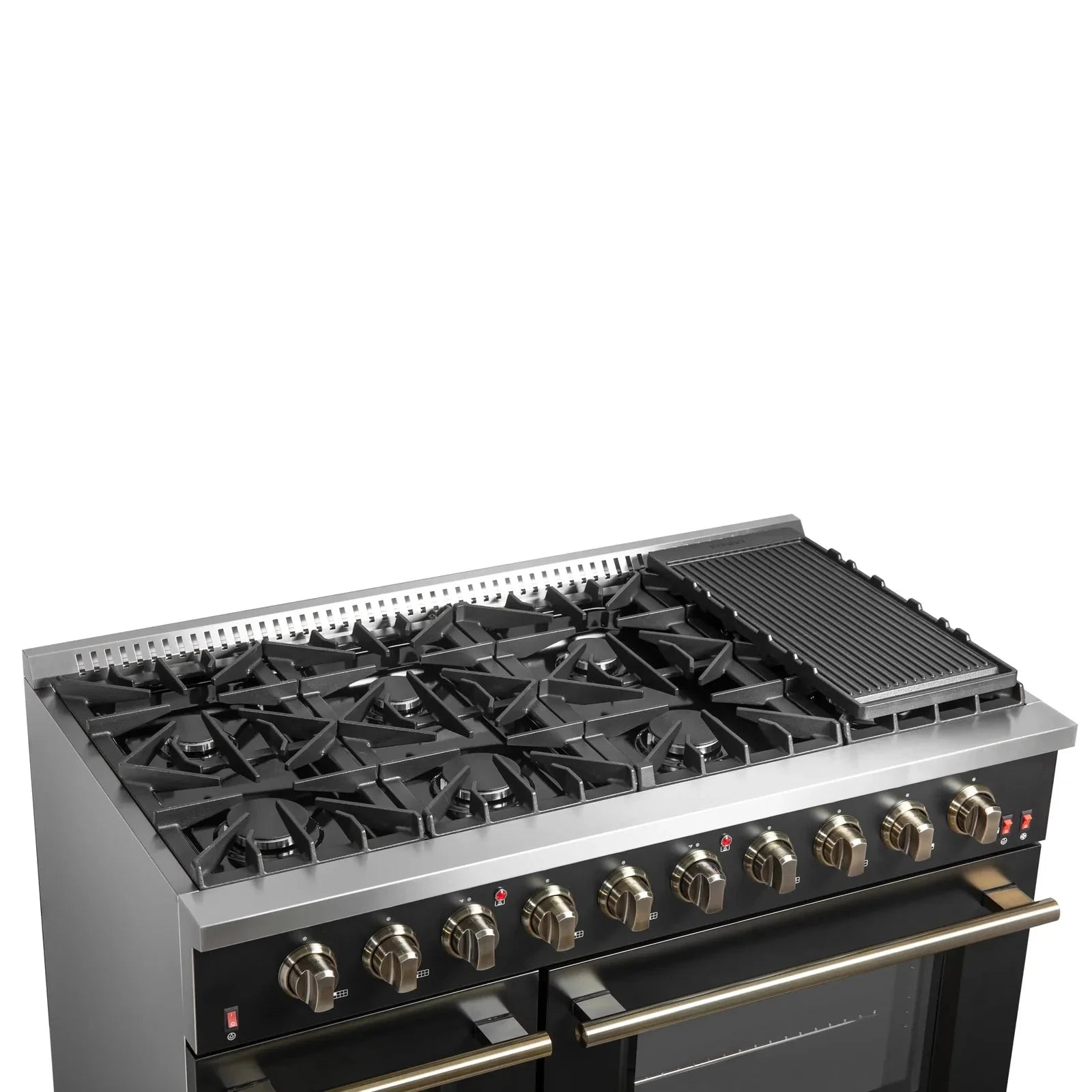 Forno Galiano 48-Inch French Door Freestanding All Gas Range - Black with Antique Brass Trim (Model FFSGS6444 48BLK) | Professional Kitchen Appliance for Home Chefs & Gourmet Cooking