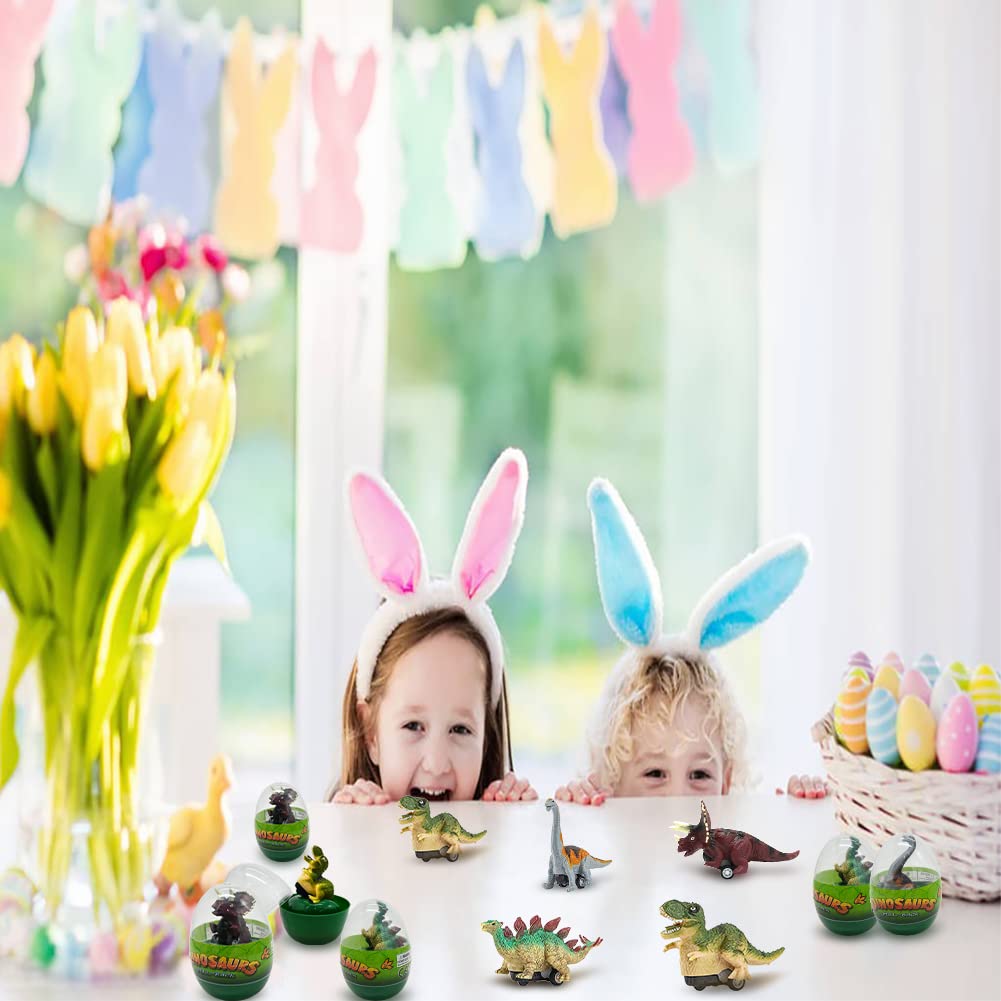 Dinosaur Pull Back Cars Toys - 4 Pcs Jumbo T-Rex & Triceratops Prefilled Easter Eggs for Kids | Basket Stuffers, Party Favors, Birthday Gifts for Boys & Girls | Perfect for Easter Celebrations, Classroom Rewards & Playtime Fun