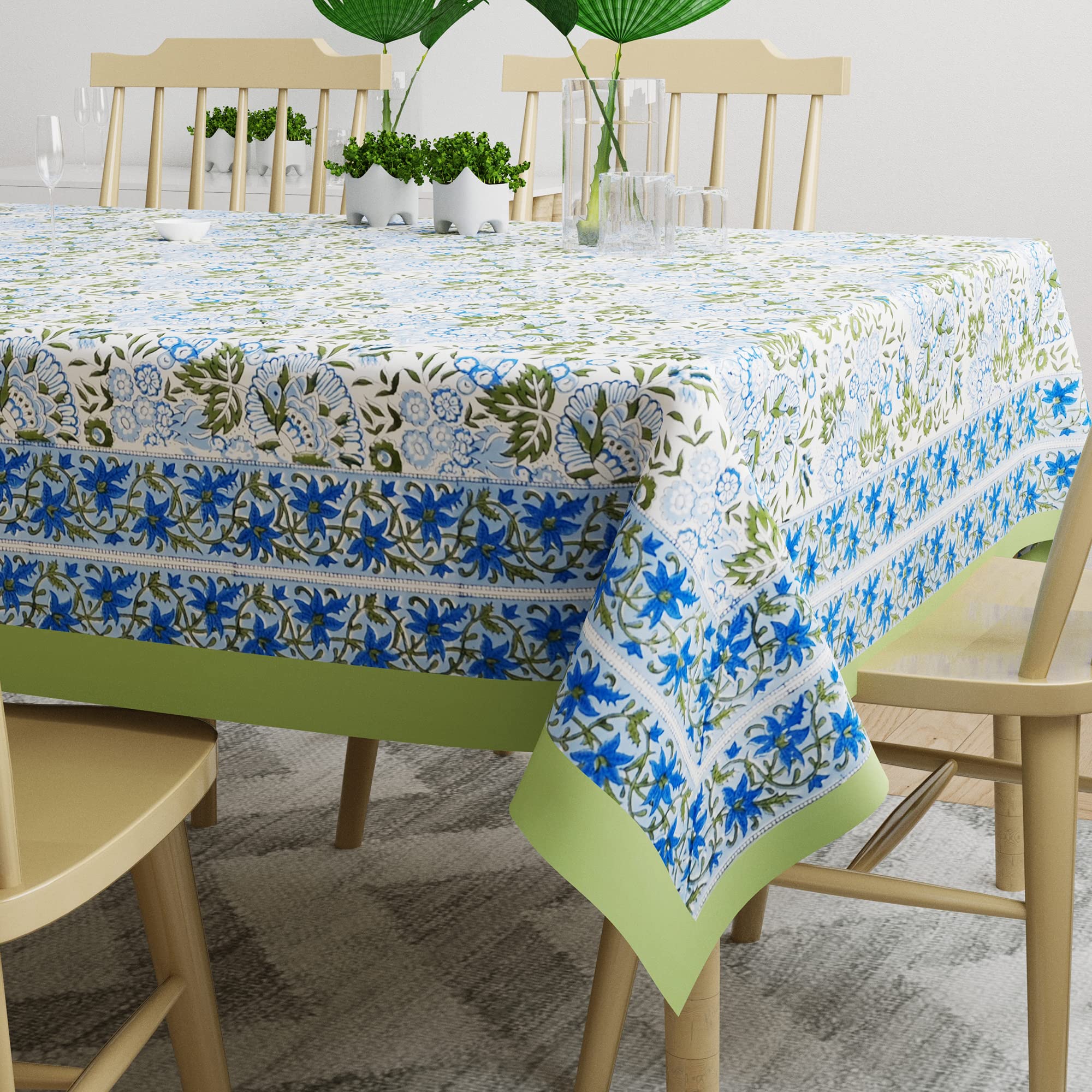 Jaipuri Beige Block Printed Tablecloth Cover - Boho Style Dining Table Decor, Rectangle Tabletop Decoration for Home, Parties & Outdoor Events