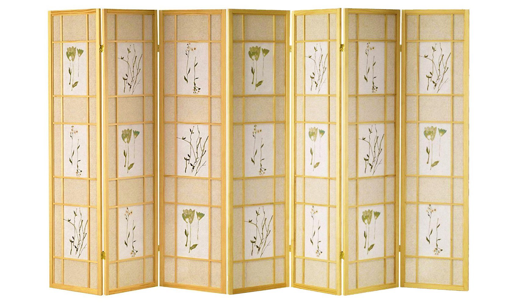 Japanese Shoji Floral Print Wooden Room Divider - 7-Panel Natural Wood Frame Screen for Home Decor, Office Partition & Zen Space Creation