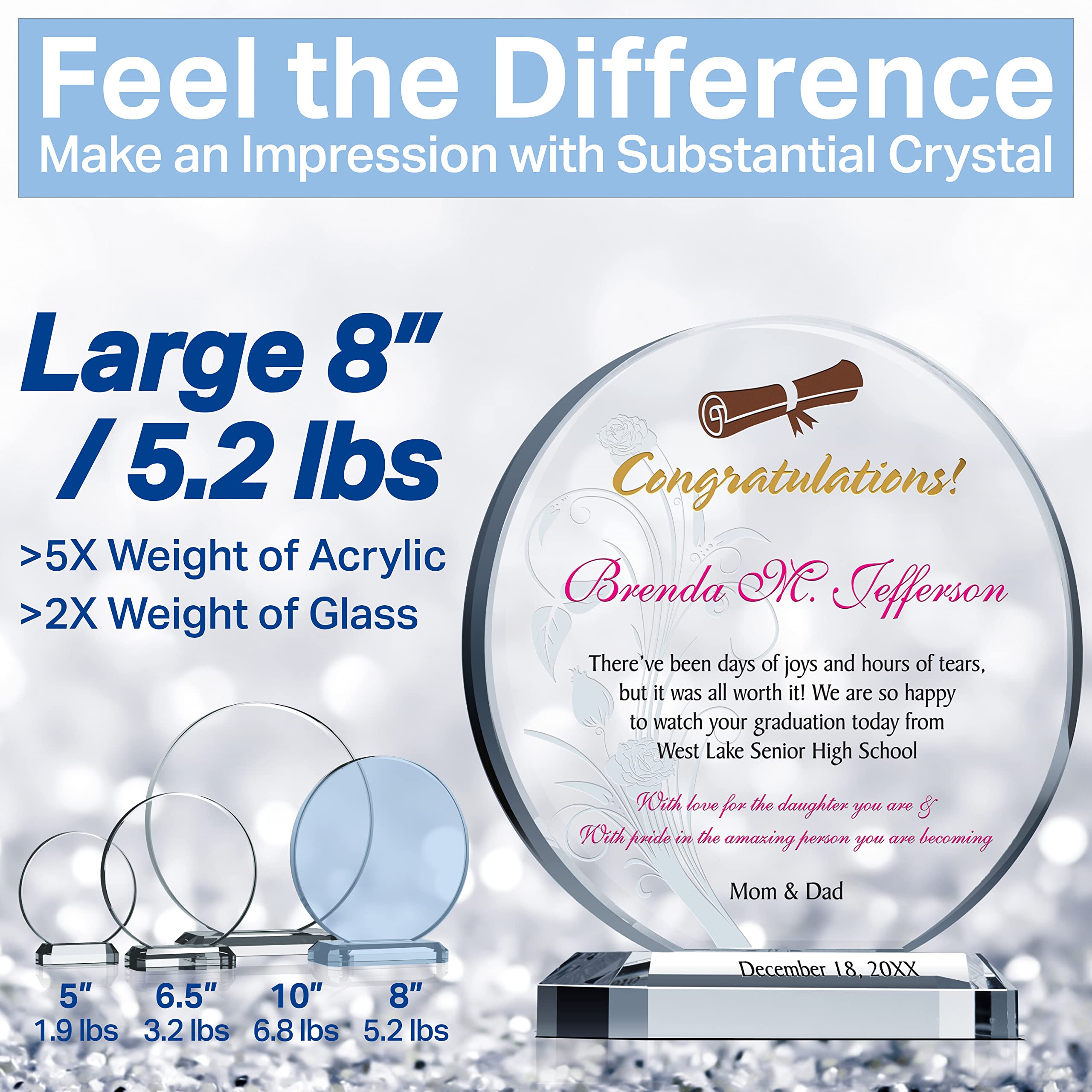 Personalized High School Graduation Gift for Daughter - Custom Engraved Crystal Award with Name, School & Date - Unique 6.5