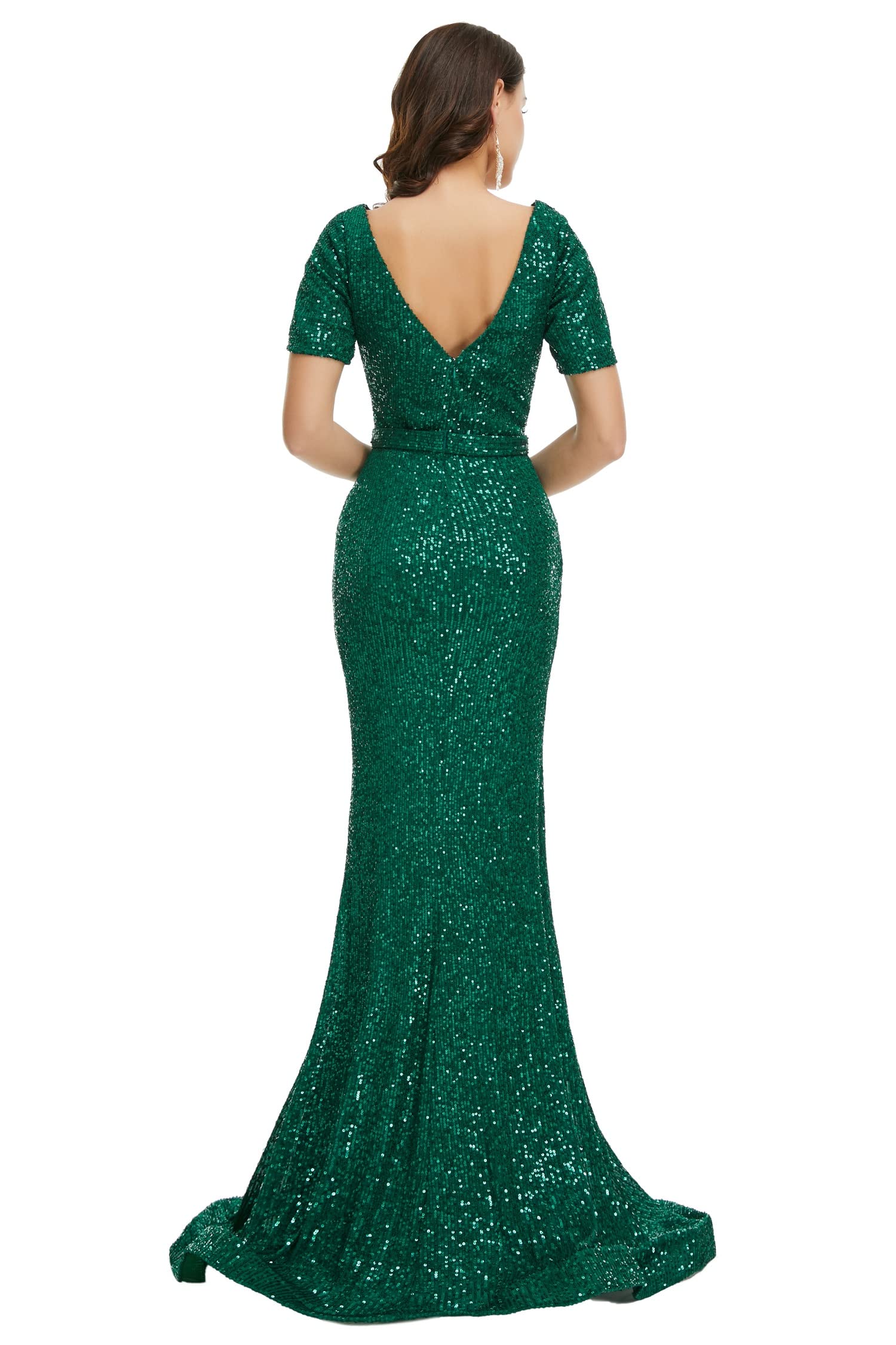 Sparkly Sequin Mermaid Evening Dress for Women - V-Neck Short Sleeve Prom Party Gown, Formal Bridesmaid & Wedding Guest Dress - Perfect for Cocktail Parties, Galas & Special Occasions