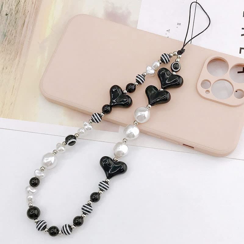 Black Heart Pearl Beaded Phone Lanyard Wrist Strap for Women & Girls - Stylish Phone Charm with Pearls, Elegant Beaded Phone Chain, Perfect for Everyday Use, Parties, and Gifts