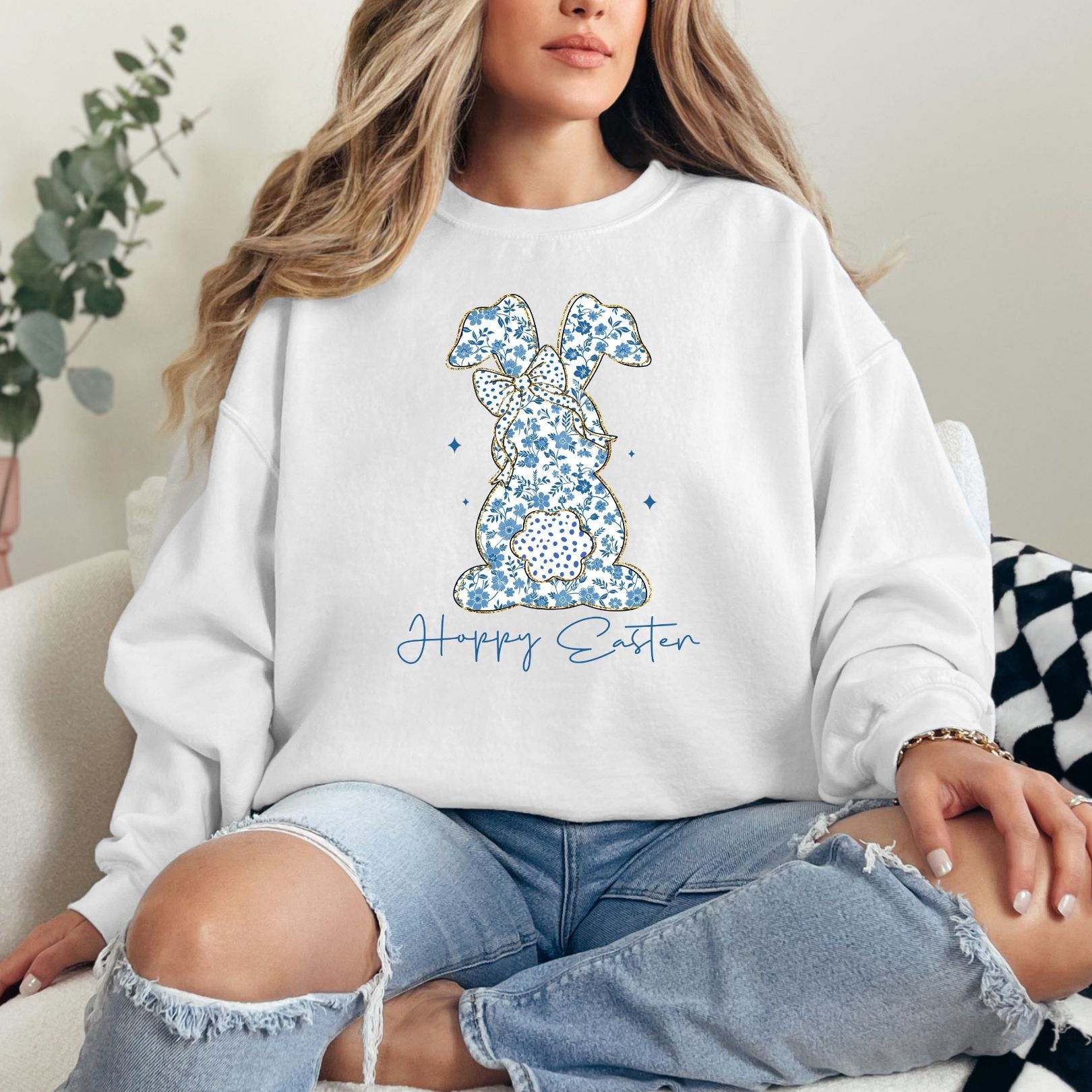 Blue Floral Bunny Graphic Sweatshirt - Cute Animal Print Hoodie for Women | Perfect for Spring Outfits, Casual Wear & Easter Gifts