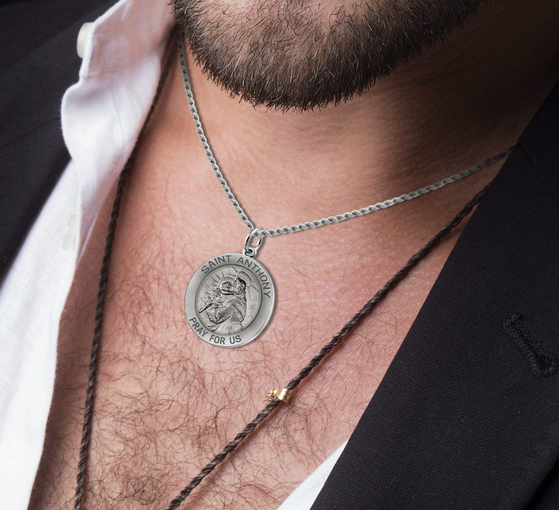 US Jewels And Gems Men's 925 Sterling Silver Saint Anthony 1 Inch Antique Finish Round Pendant Necklace - 18 to 24 Inch Adjustable Chain - Religious Jewelry Gift for Baptism, Confirmation & Daily Wear