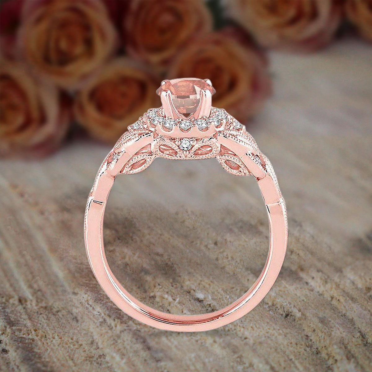 1.25 Carat Peach Pink Morganite & Moissanite Round Cut Engagement Ring in 10k Rose Gold - Perfect for Proposals, Anniversaries & Bridal Jewelry