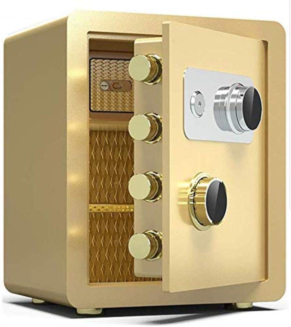 Heavy Duty Steel Safe Deposit Box - Fireproof & Burglar Proof Security Safe for Home & Office - Mechanical Lock with 2 Emergency Keys (40x33x36cm, Gold) - Perfect for Storing Cash, Jewelry, Documents & Valuables