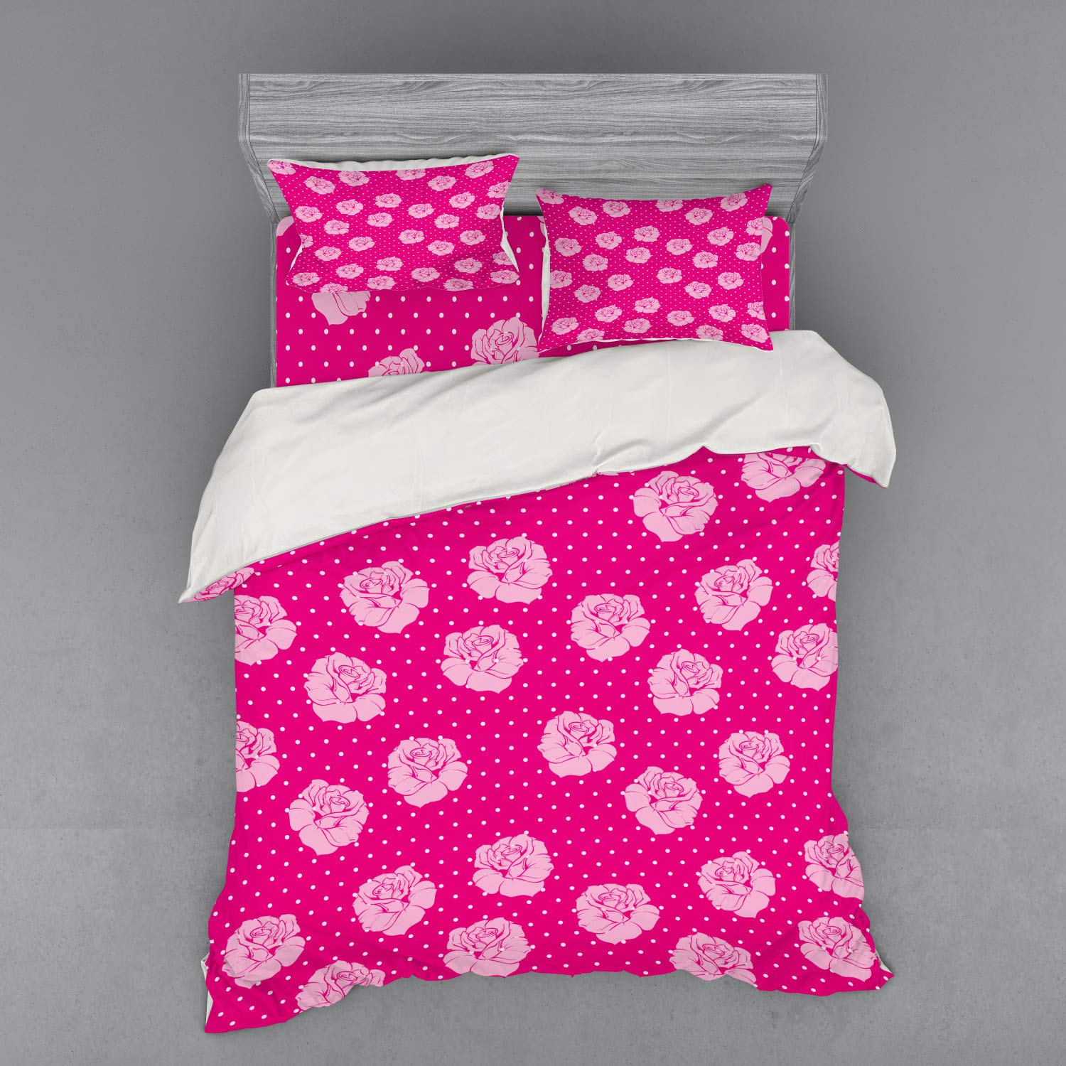 Ambesonne Vintage Floral Queen Size 4-Piece Duvet Cover Set - Hot Pink with White Dotted Background & Pale Pink Roses, Includes Shams & Fitted Sheet | Perfect for Romantic Bedroom Decor, Guest Room Makeover, or Valentine's Day Gift