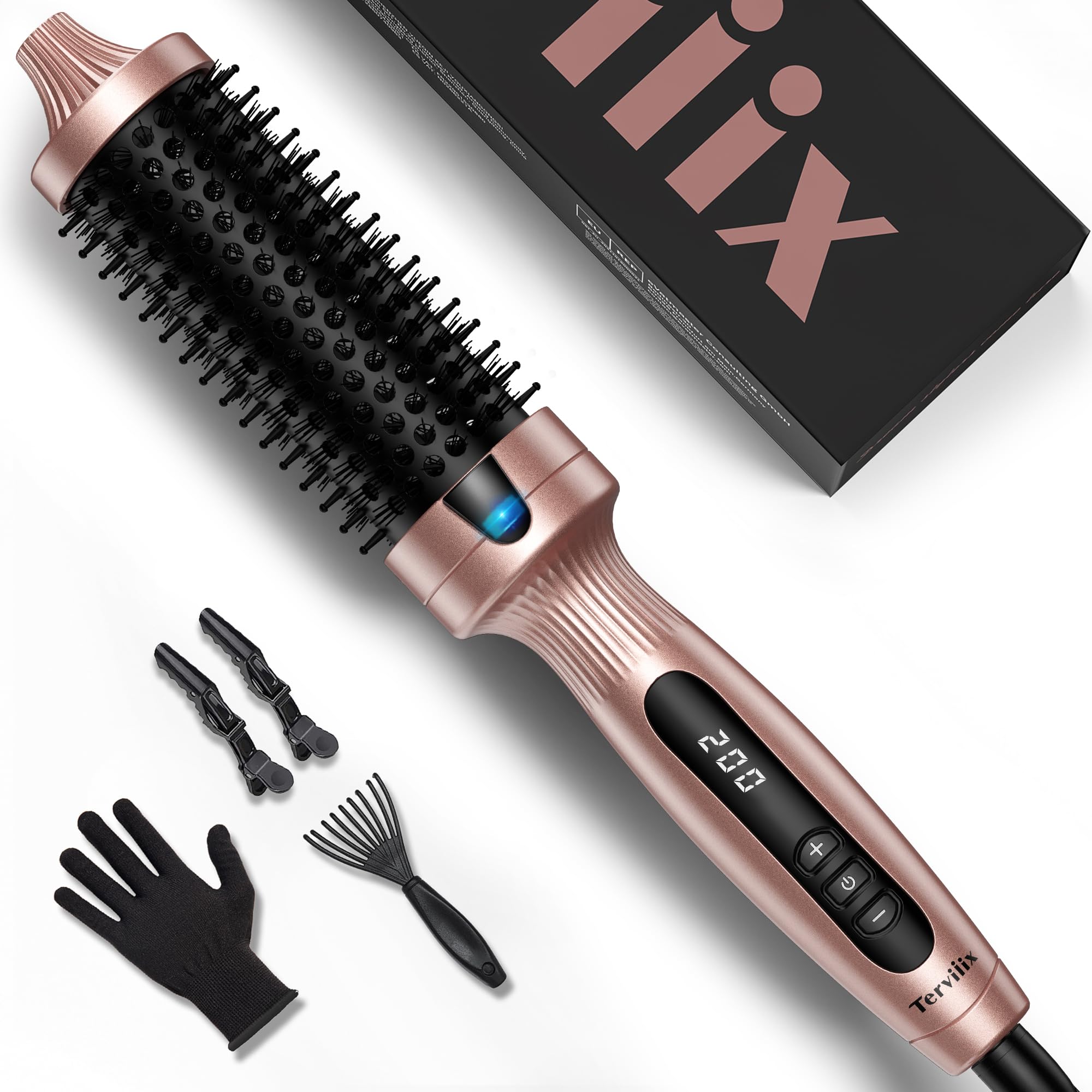 Terviiix 38MM Ceramic Tourmaline Ionic Hot Air Brush - Digital Display with 5 Temperature Settings for Voluminous Roots & Loose Curls, Dual Voltage Styling Brush for Salon-Quality Blowouts at Home | Perfect for Creating Beachy Waves, Smooth Blowouts & Added Volume