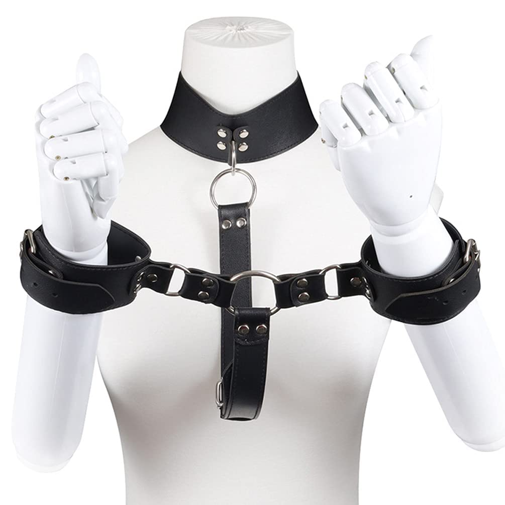 Premium Faux Leather BDSM Collar & Handcuffs Set - Adjustable Restraint Harness Choker with Wristbands for Couples Roleplay, Bondage Sex Games (Perfect for Valentine's Day, Bachelorette Parties & Spicy Bedroom Adventures)