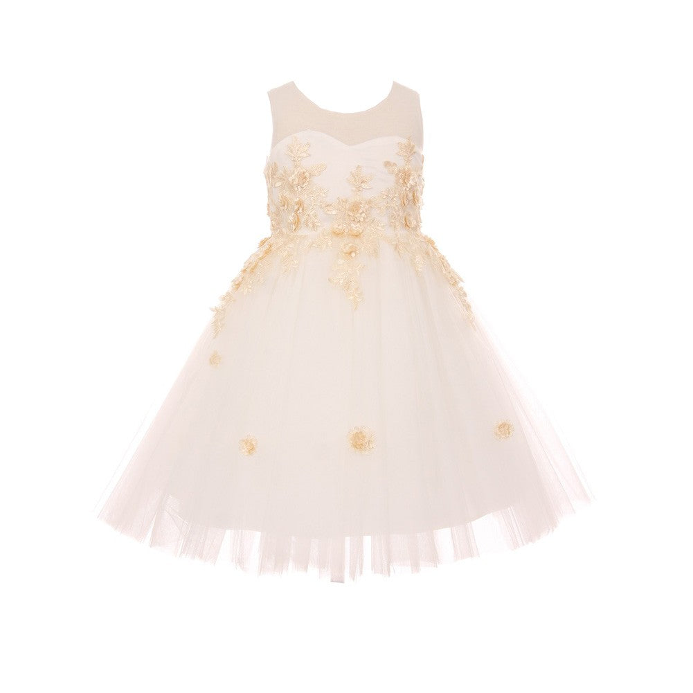 Ivory Champagne 3D Floral Applique Bridesmaid Dress for Big Girls - Sizes 8-12 | Perfect for Junior Bridesmaids, Flower Girls & Special Occasions