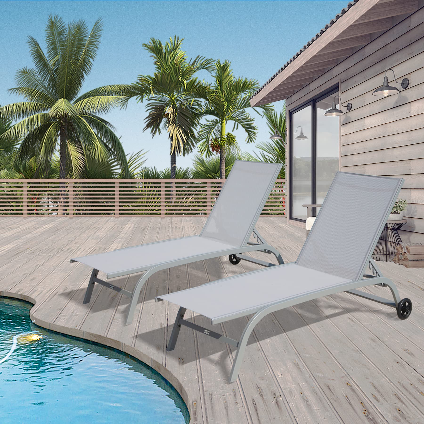 **Domi Outdoor Chaise Lounge Set of 2 - Adjustable Poolside Chairs with Wheels for Patio, Beach, Yard & Deck - Grey - Perfect for Sunbathing, Relaxing & Lounging by the Pool**
