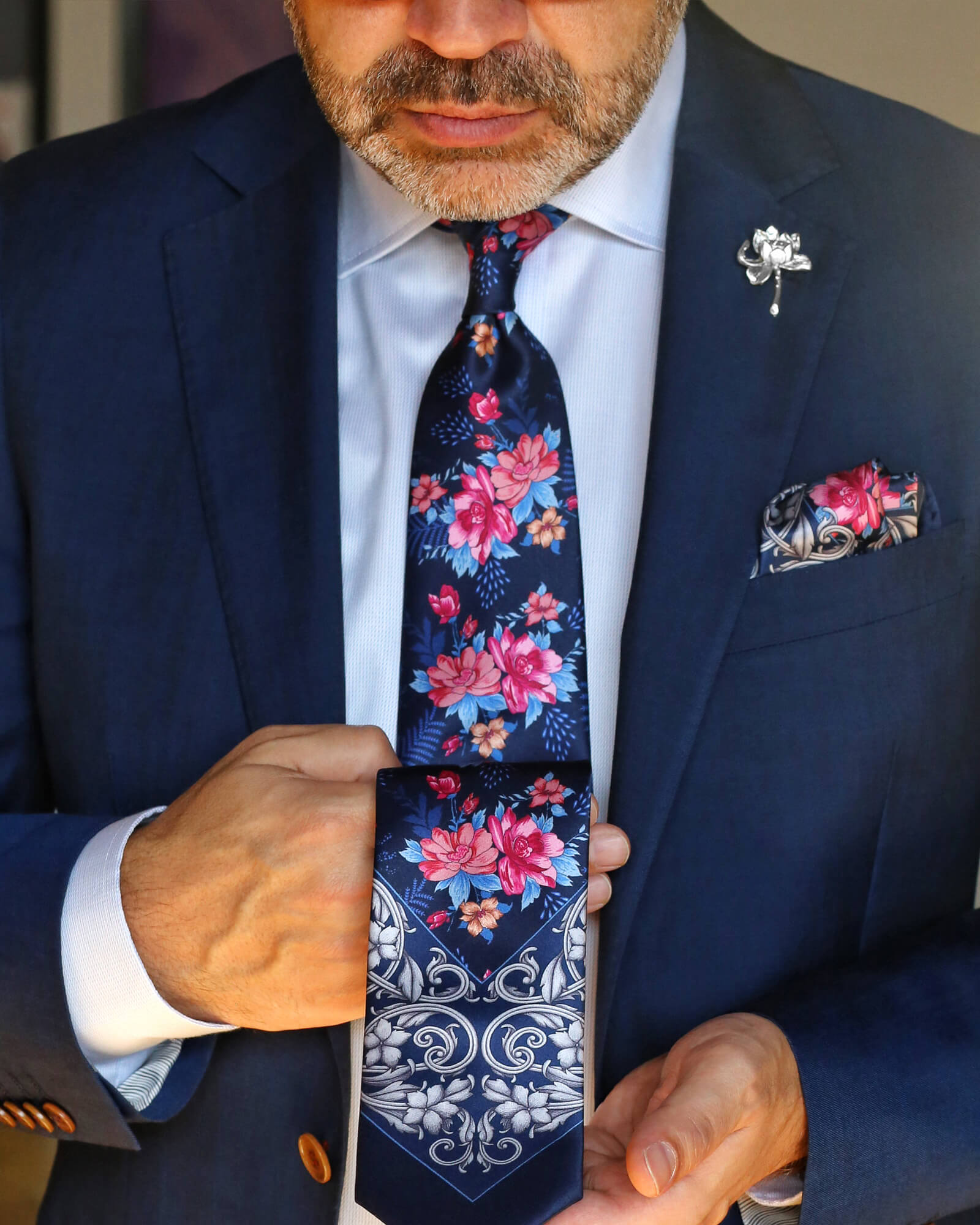 Silvio Fiorello Buccheri Blue Floral Pocket Square - Elegant Men's Accessory for Weddings, Business & Formal Events